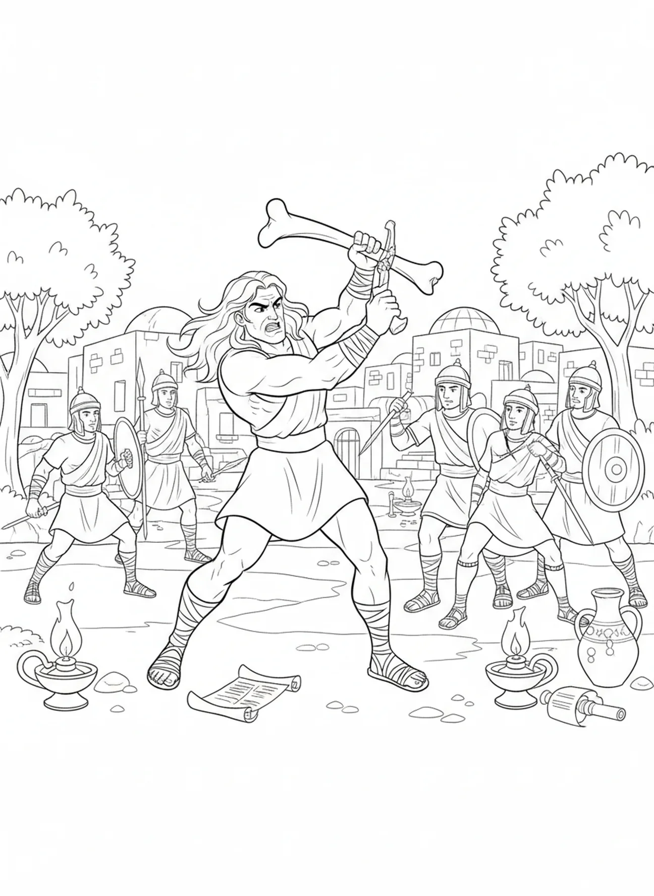 Samson brandissant une mâchoire, page à colorier Samson et le Lion pour les enfants de l'École du dimanche âgés de 5 à 12 ans.