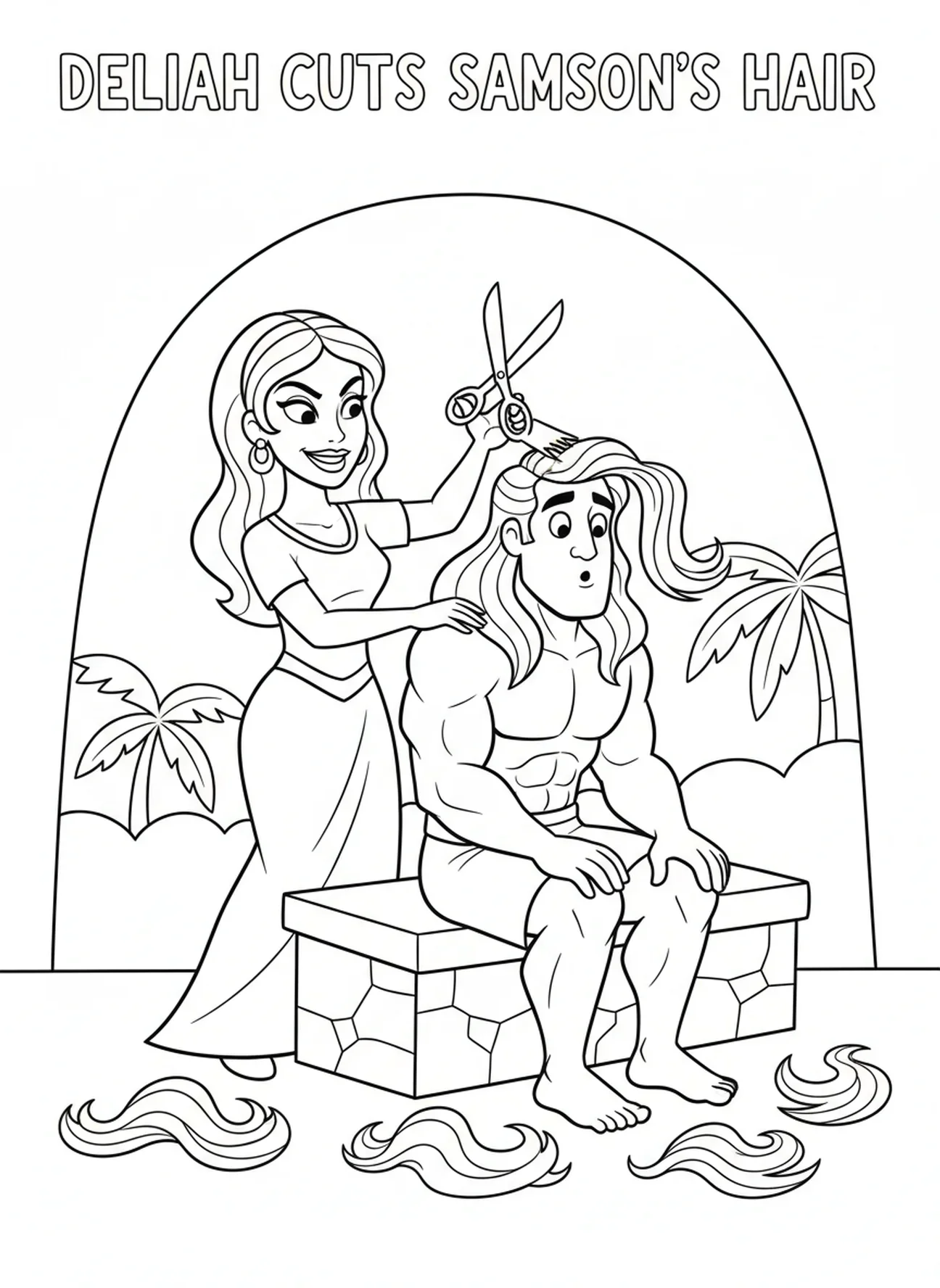 Dalila coupe les cheveux de Samson, page à colorier Dalila coupant les cheveux de Samson pour les enfants de 5 à 10 ans