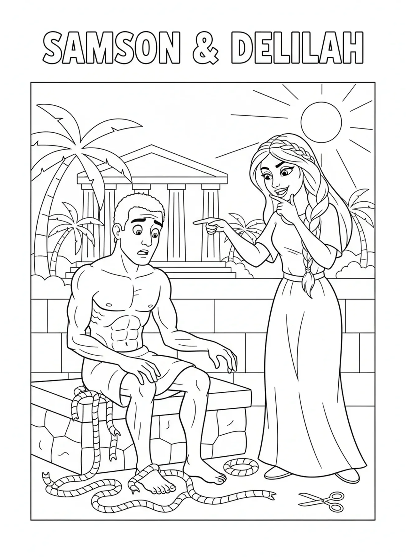 Samson paraissant faible, page à colorier Samson et Dalila coupant les cheveux pour les enfants de 5 à 10 ans
