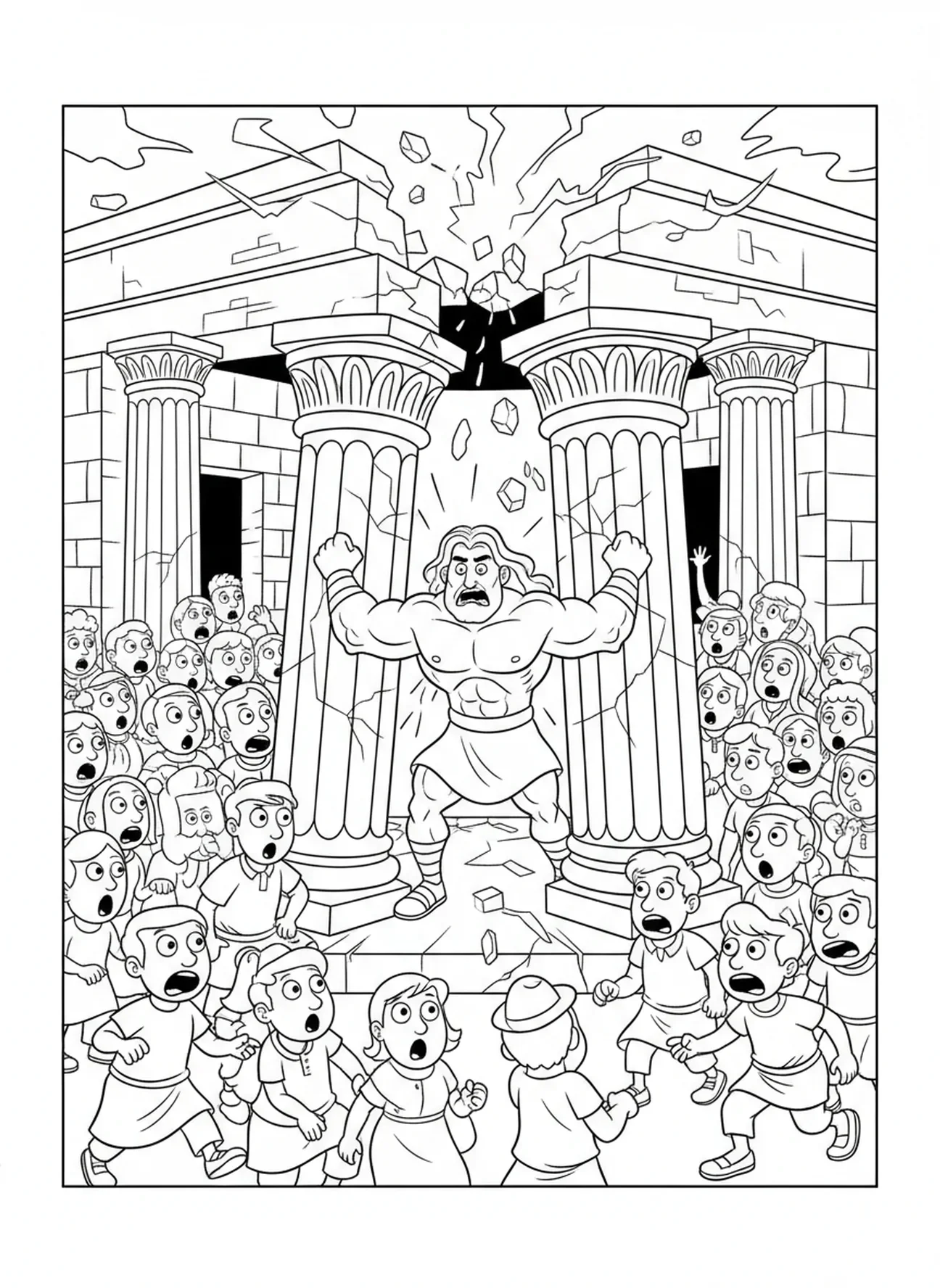 Neugierige Menge beobachtet, Samson Säulen Tempel Zusammenbruch Malvorlage für Kinder im Alter von 5-10 Jahren.