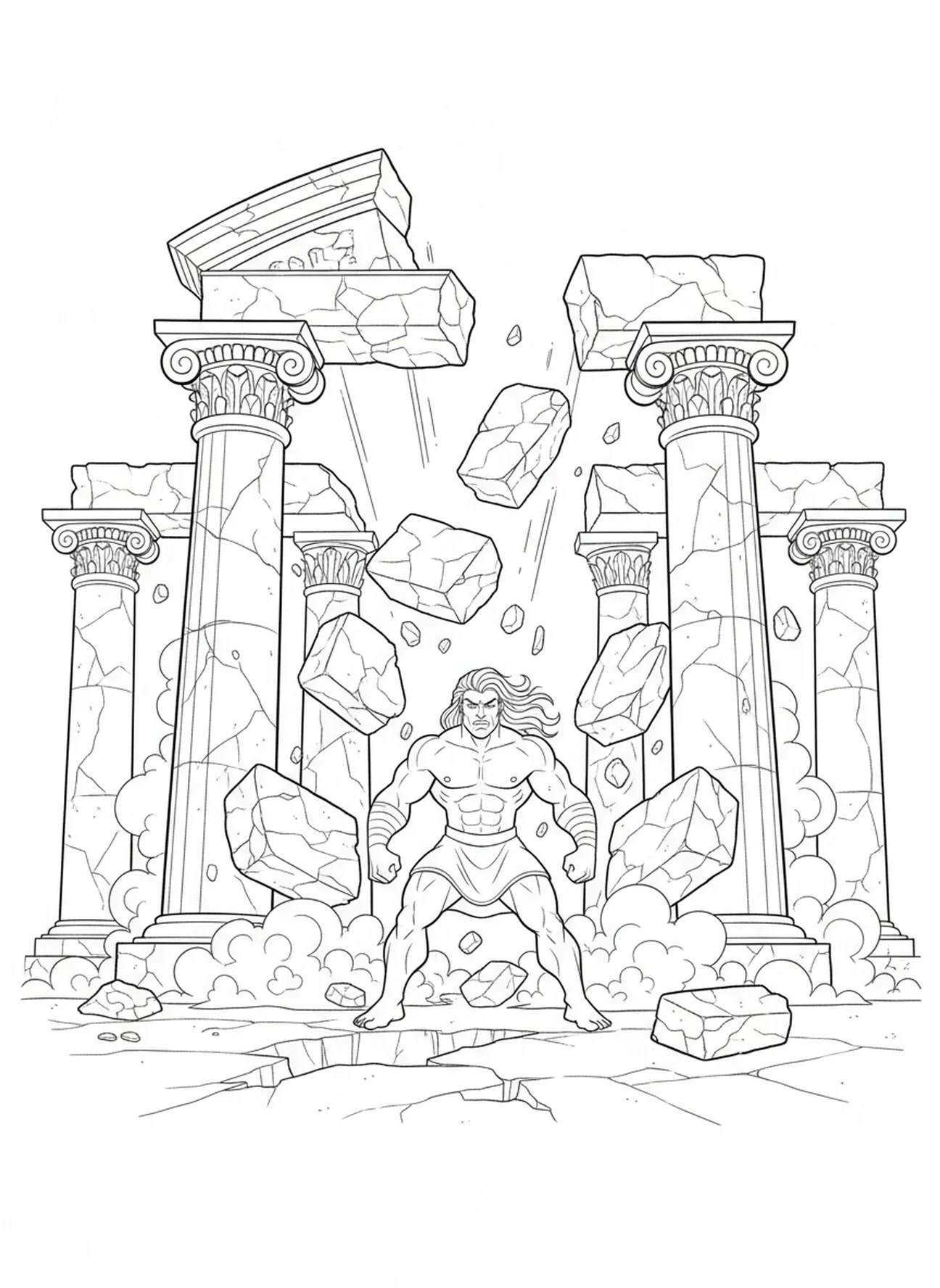 Tempel, der um Samson herum einstürzt, Ausmalbild von Samson und dem einstürzenden Tempel für Kinder im Alter von 5-10 Jahren.