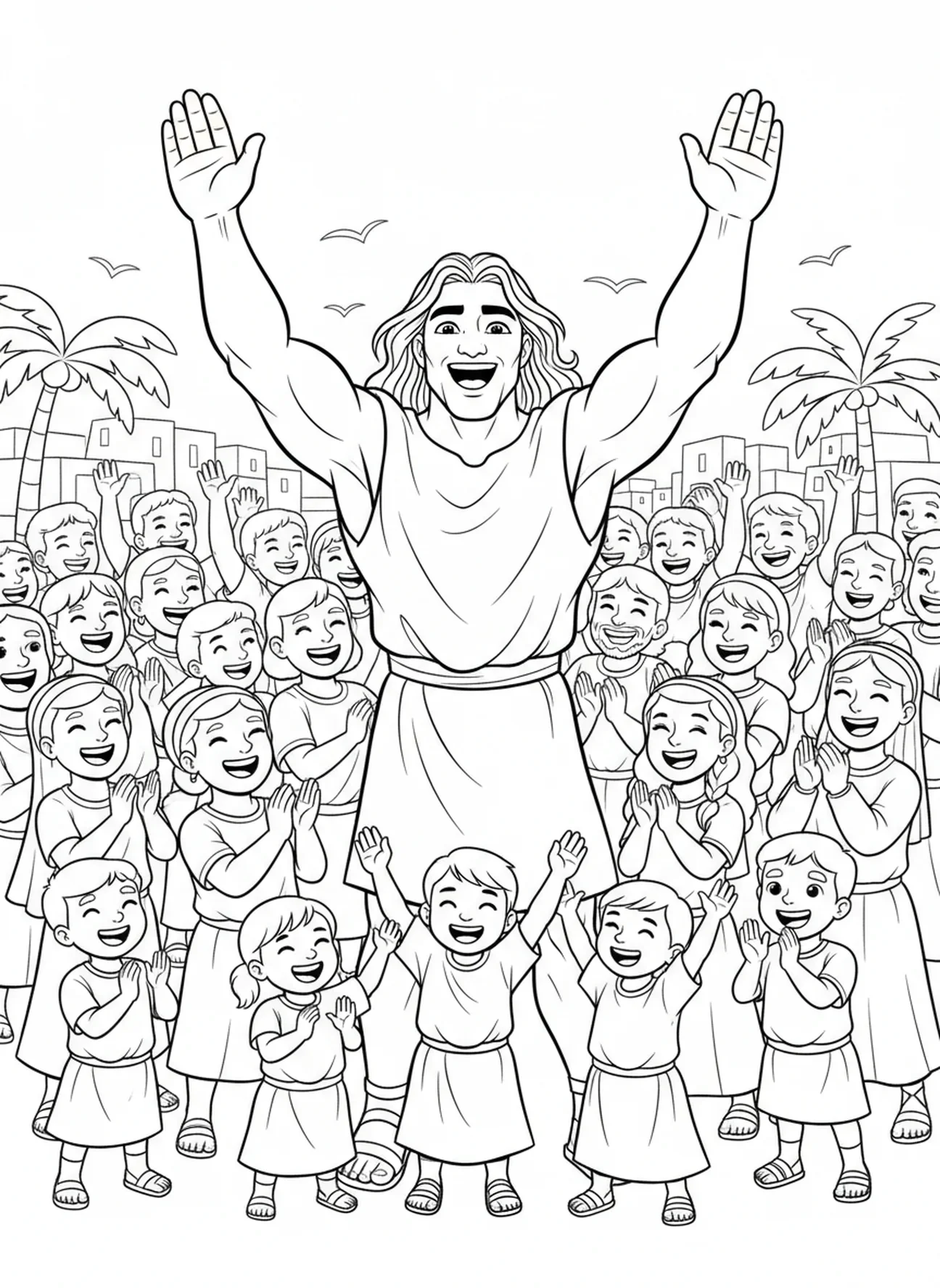 Simson feiert mit der Menge, Ausmalbild vom Zusammenbruch der Säulen des Tempels für Kinder im Alter von 5-10 Jahren.