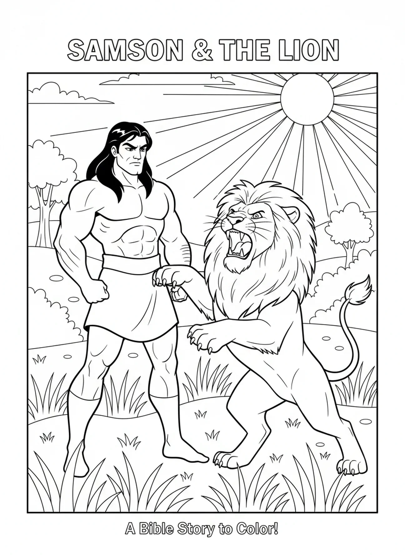Samson faisant face à un lion, page à colorier Samson avec Lion pour enfants de 5 à 10 ans