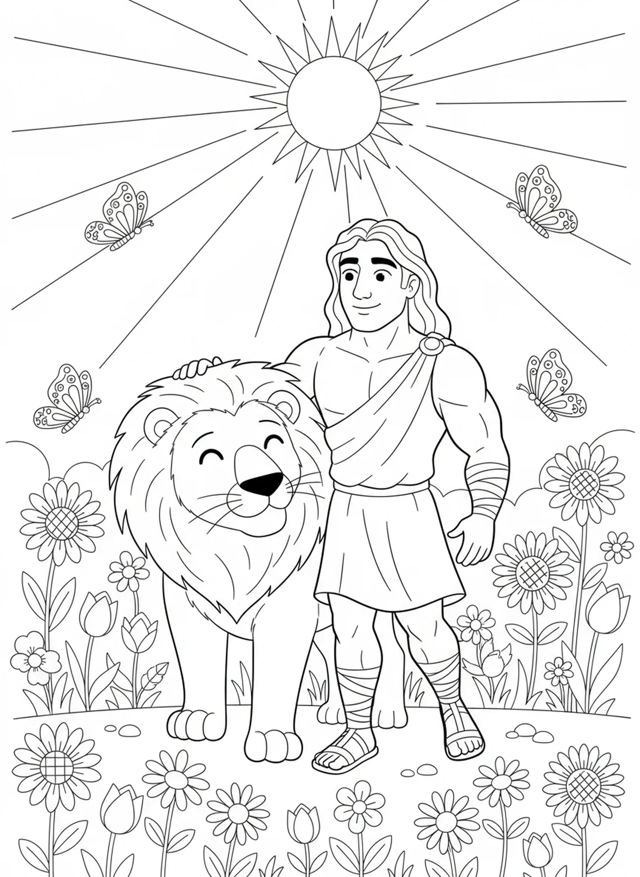 Samson marchant avec un lion, page à colorier Samson avec un lion pour les enfants de 5 à 10 ans
