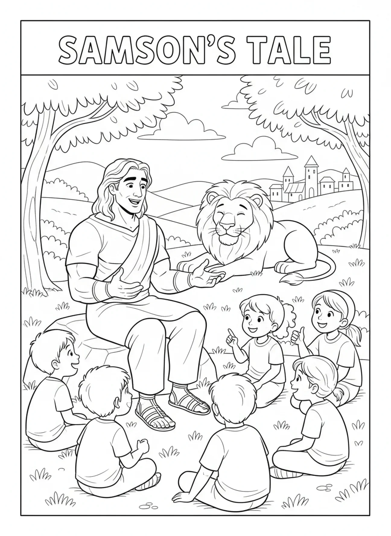 Samson racontant son histoire avec un lion à proximité, page à colorier Samson et le Lion pour les enfants de 5 à 10 ans