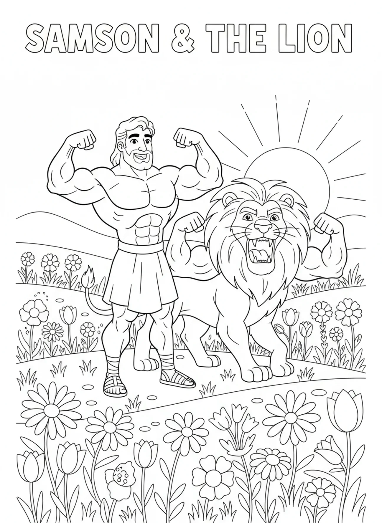 Samson montrant ses muscles à côté d'un lion, page à colorier Samson avec le lion pour les enfants de 5 à 10 ans