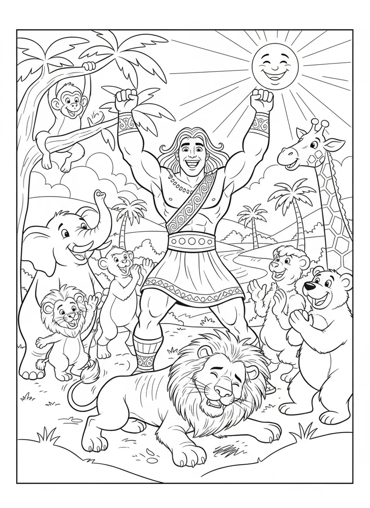 Samson célébrant sur un lion, page à colorier Samson avec Lion pour les enfants de 5 à 10 ans