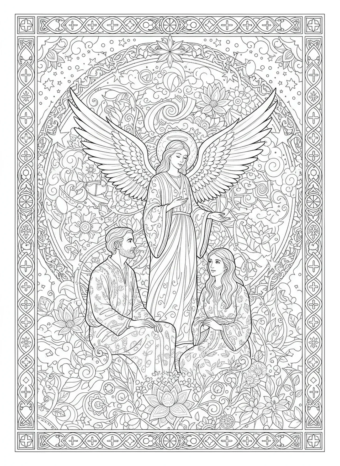 Anjo visitando os pais de Sansão, página para colorir de Sansão no estilo de journaling bíblico para adultos.