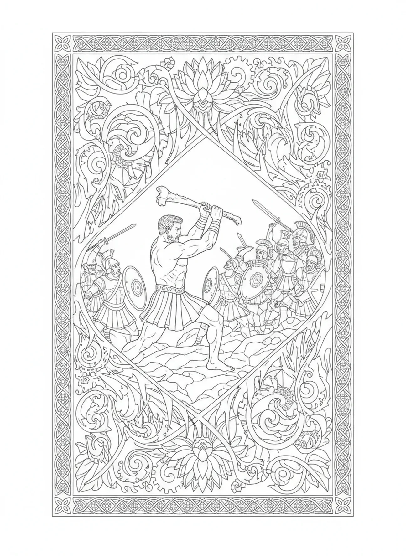 Sansão lutando contra os filisteus com uma queixada, página de colorir de Sansão para adultos no estilo de journaling bíblico.