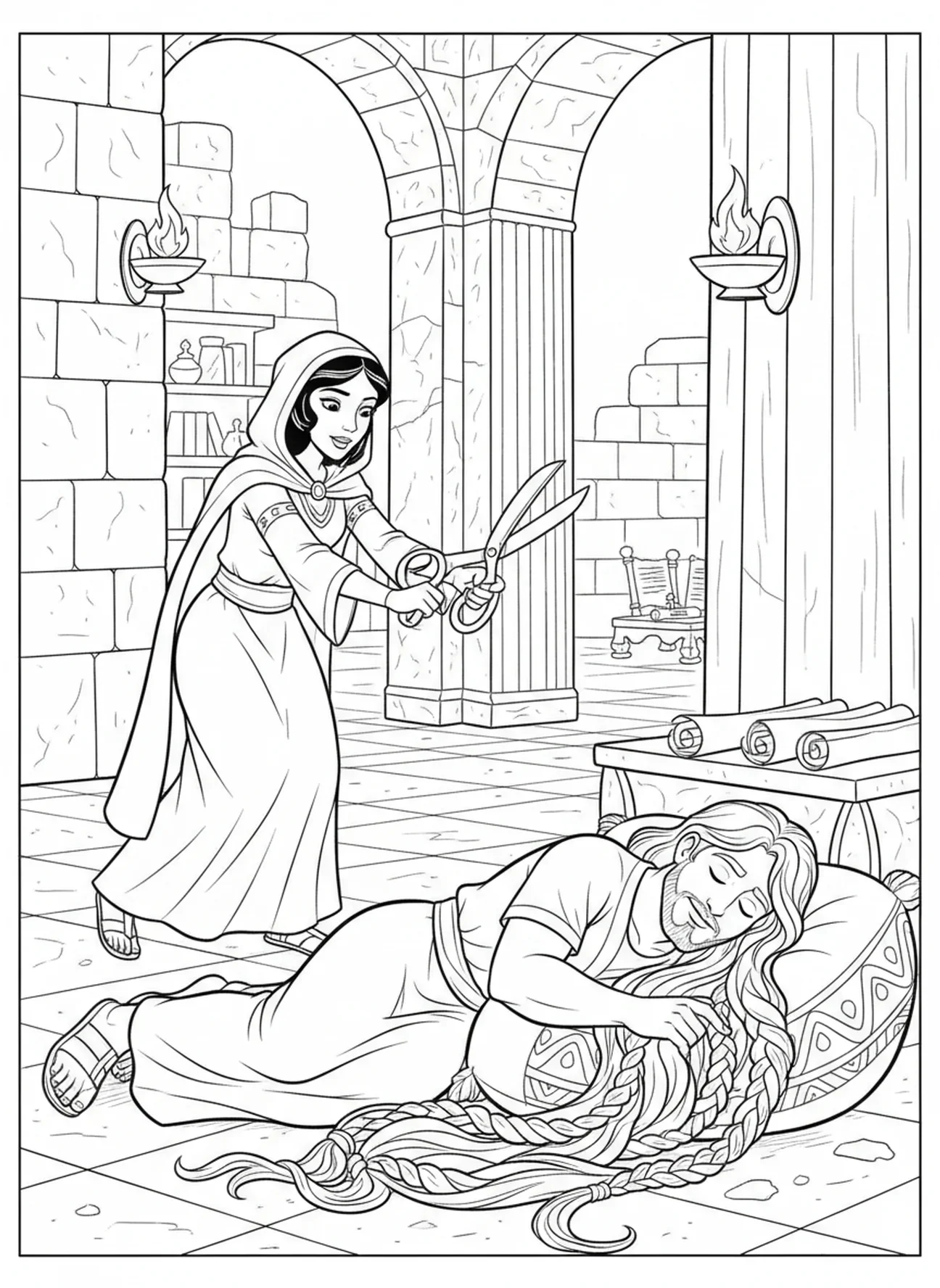 Dalila coupant les cheveux de Samson, page à colorier de Samson pour les enfants de l'École du dimanche âgés de 5 à 12 ans.