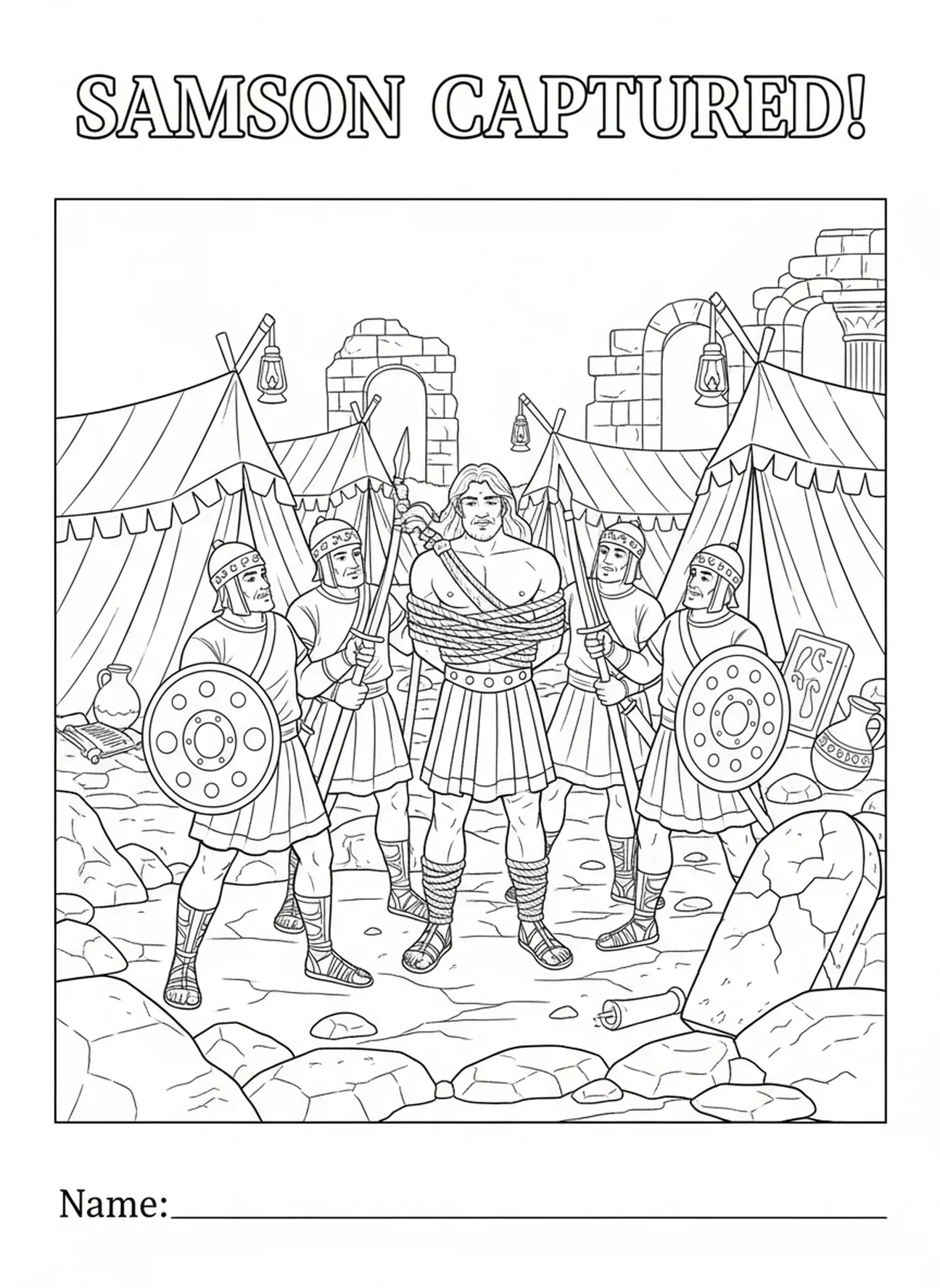 Samson capturé par les Philistins, page à colorier de Samson pour les enfants de l'École du dimanche âgés de 5 à 12 ans.