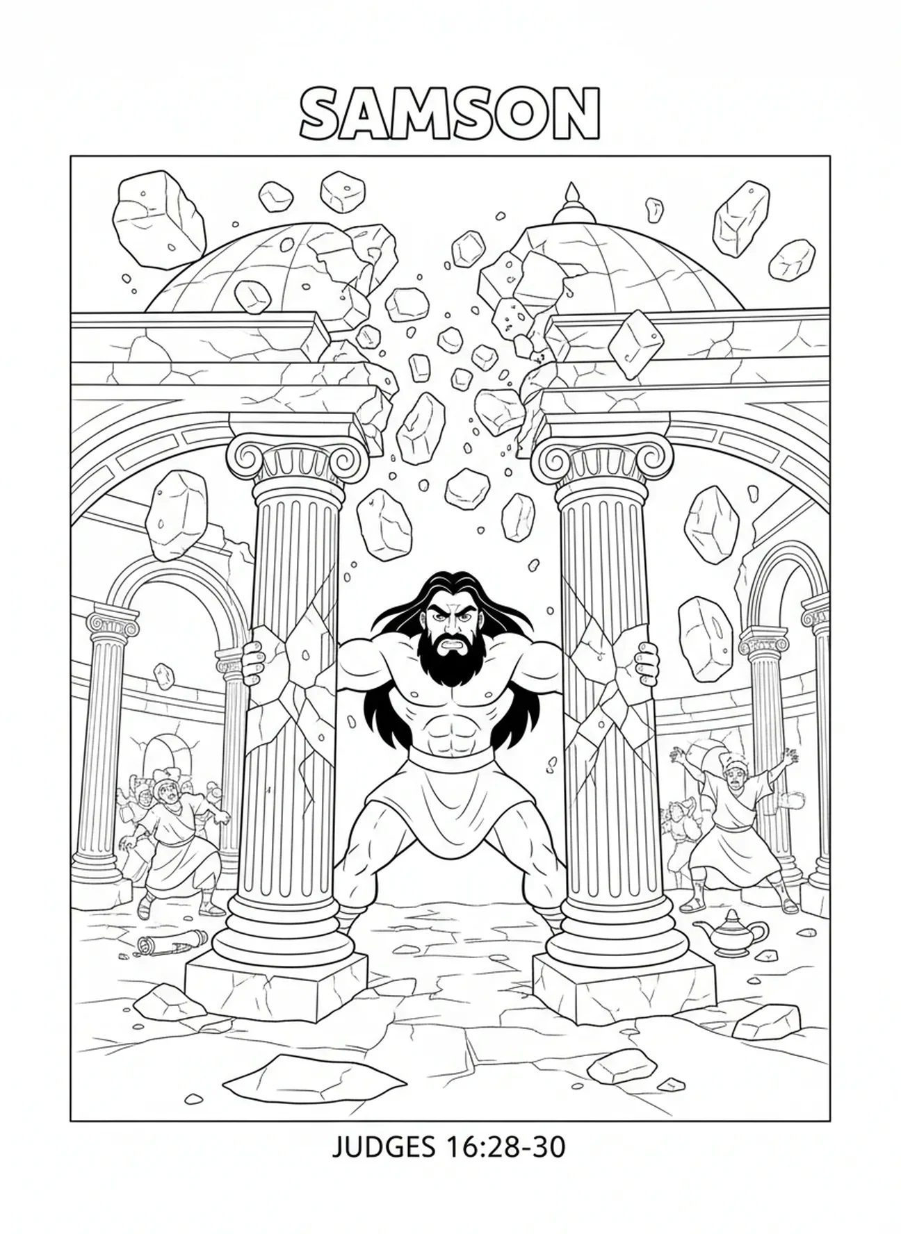 Samson renversant les piliers du temple, page à colorier de Samson pour les enfants de l'École du dimanche âgés de 5 à 12 ans.