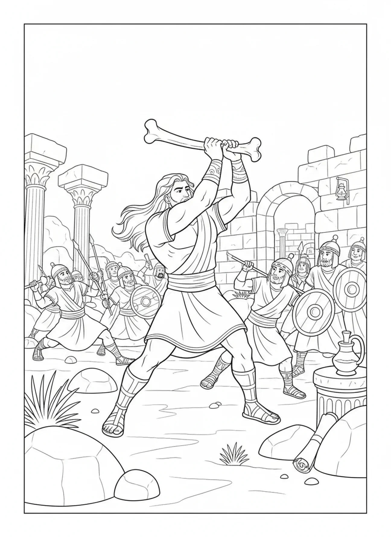 Samson combattant des ennemis avec une mâchoire d'âne, page à colorier de Samson pour les enfants de l'École du dimanche âgés de 5 à 12 ans.