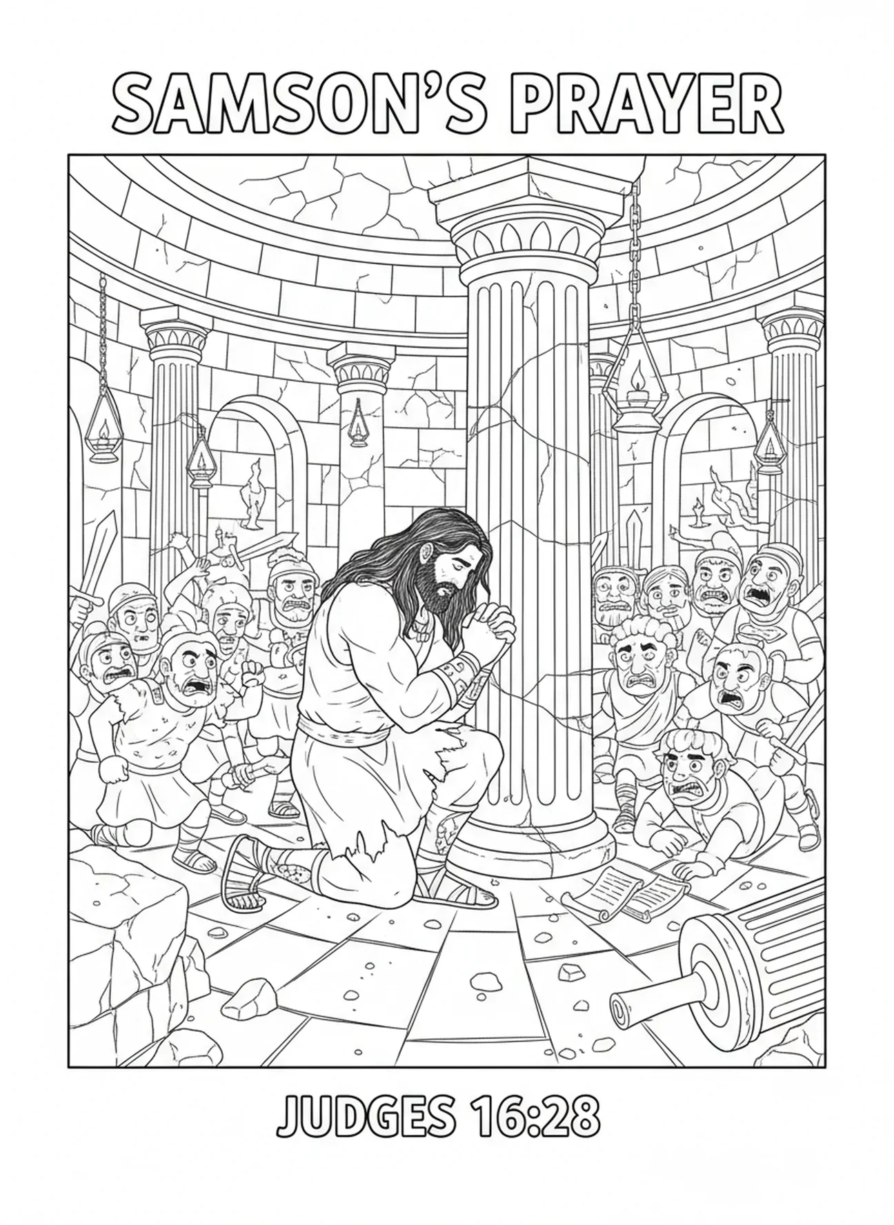 Samson priant pour la force, page à colorier de Samson pour les enfants de l'École du dimanche âgés de 5 à 12 ans.