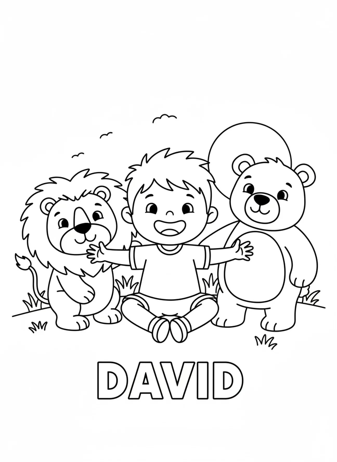 David avec un lion et un ours, page à colorier de Samuel oint David pour les enfants d'âge préscolaire de 3 à 5 ans