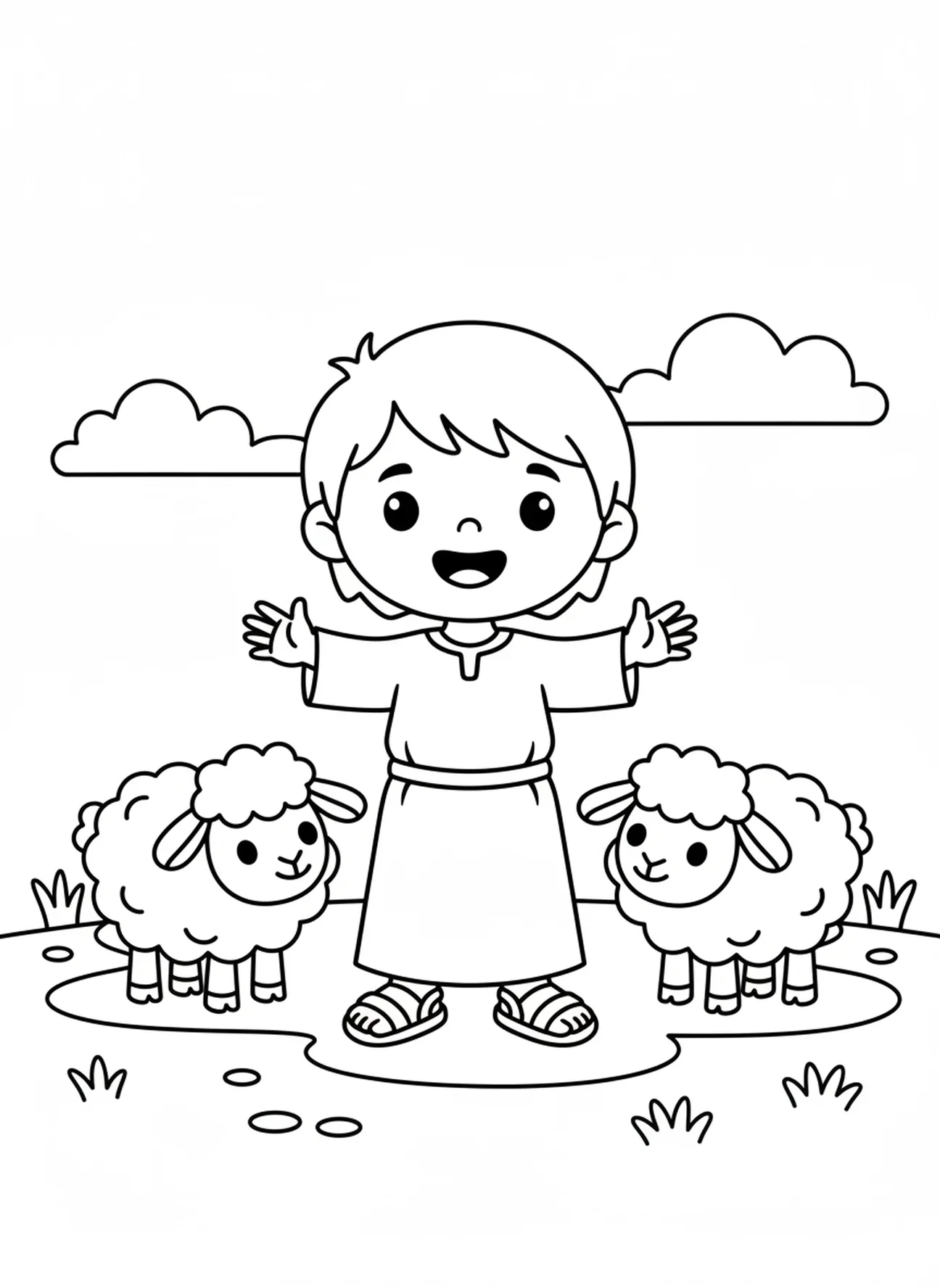 David avec deux moutons, page à colorier de Samuel oint David pour les enfants d'âge préscolaire de 3 à 5 ans
