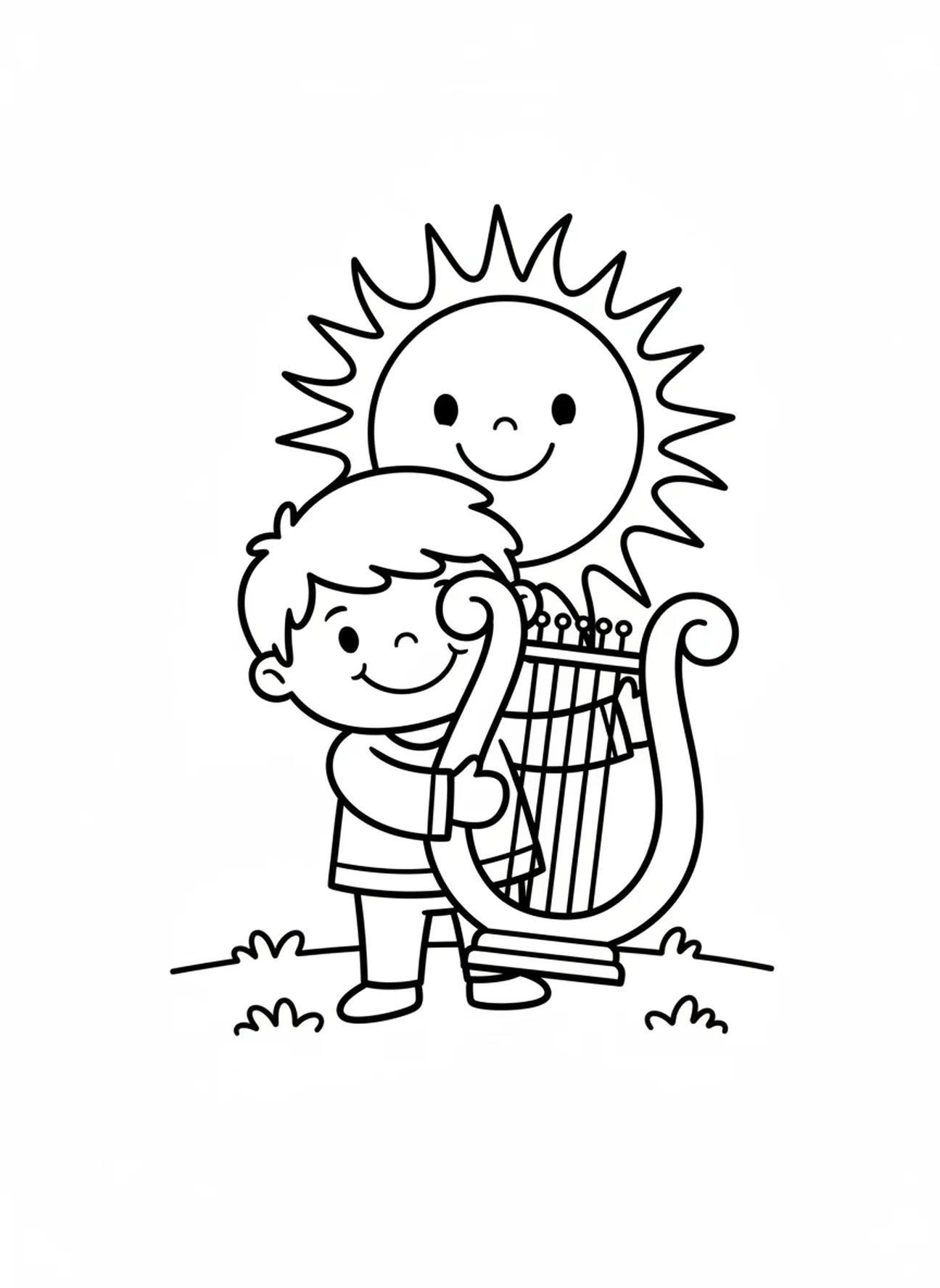 David souriant tenant une harpe, page à colorier de Samuel oint David pour les enfants d'âge préscolaire de 3 à 5 ans