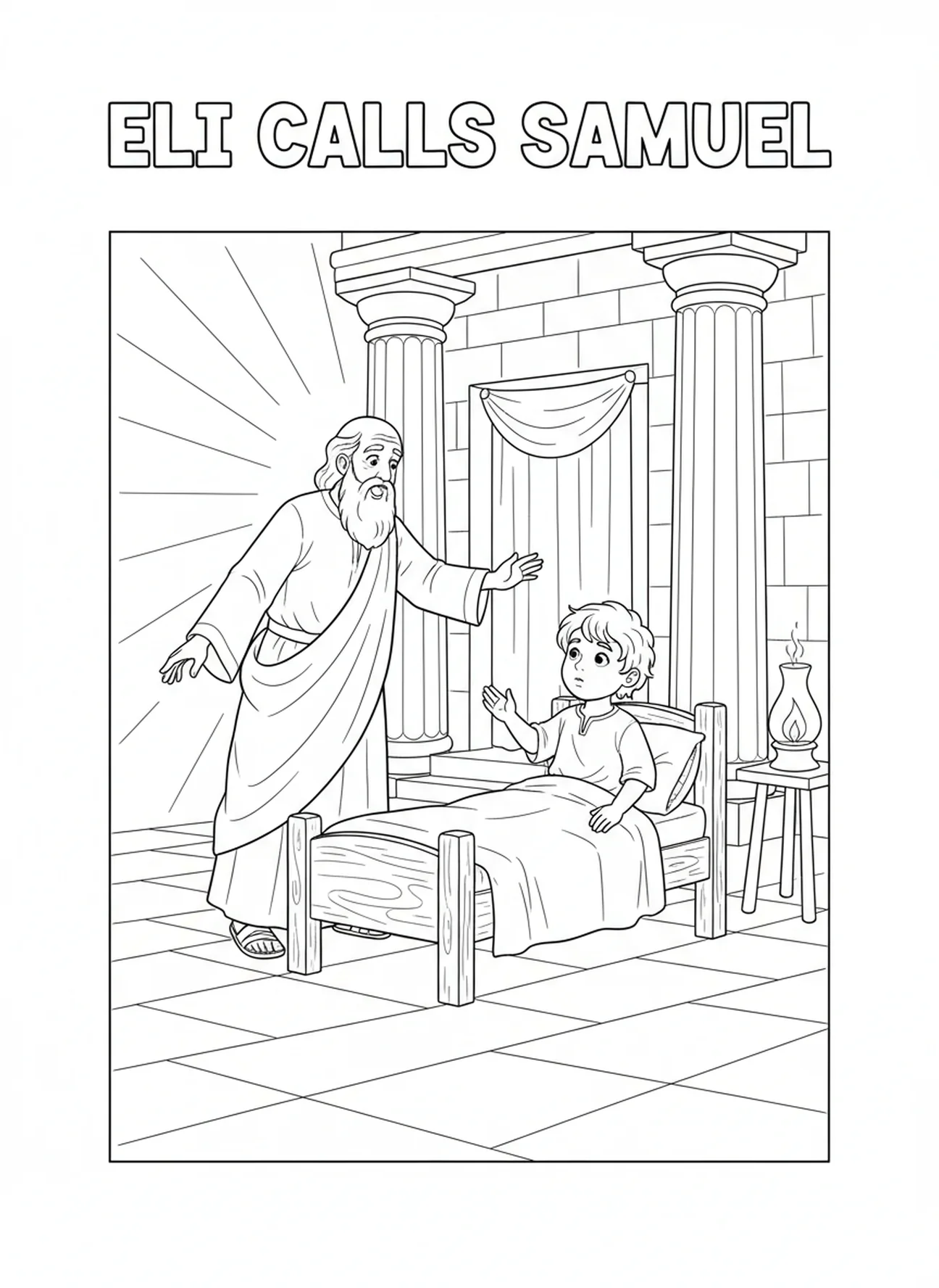 Elí llamando al joven Samuel, página para colorear de Samuel niño en el templo para niños de 5 a 10 años
