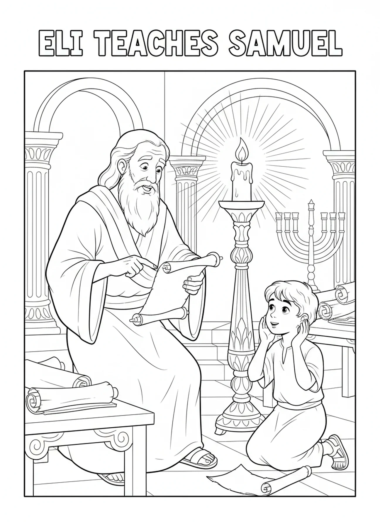 Elí enseñando al joven Samuel, página para colorear de Samuel niño en el templo para niños de 5 a 10 años