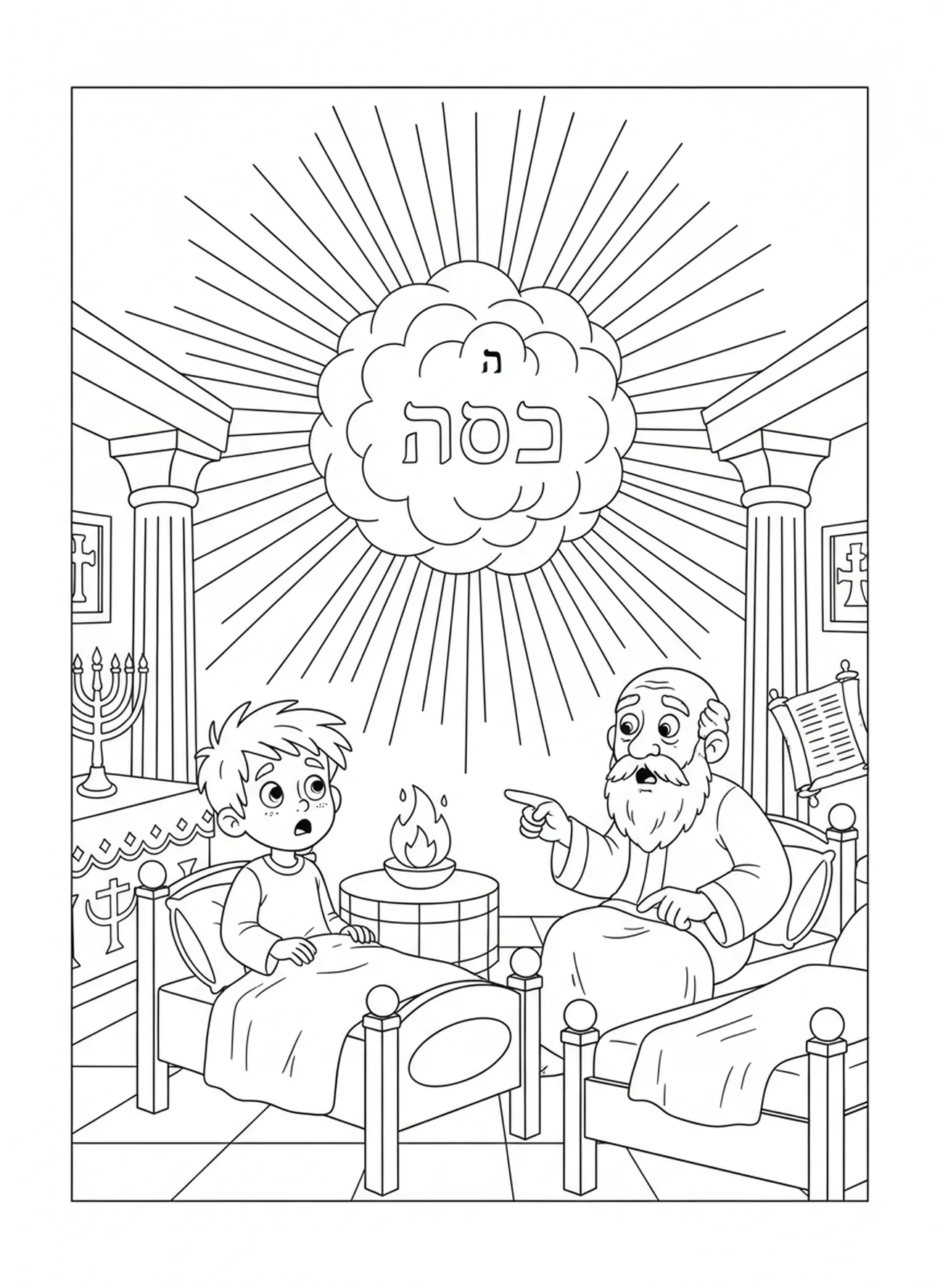 Dios hablando a un sorprendido Samuel, página para colorear de Samuel niño en el templo para niños de 5 a 10 años