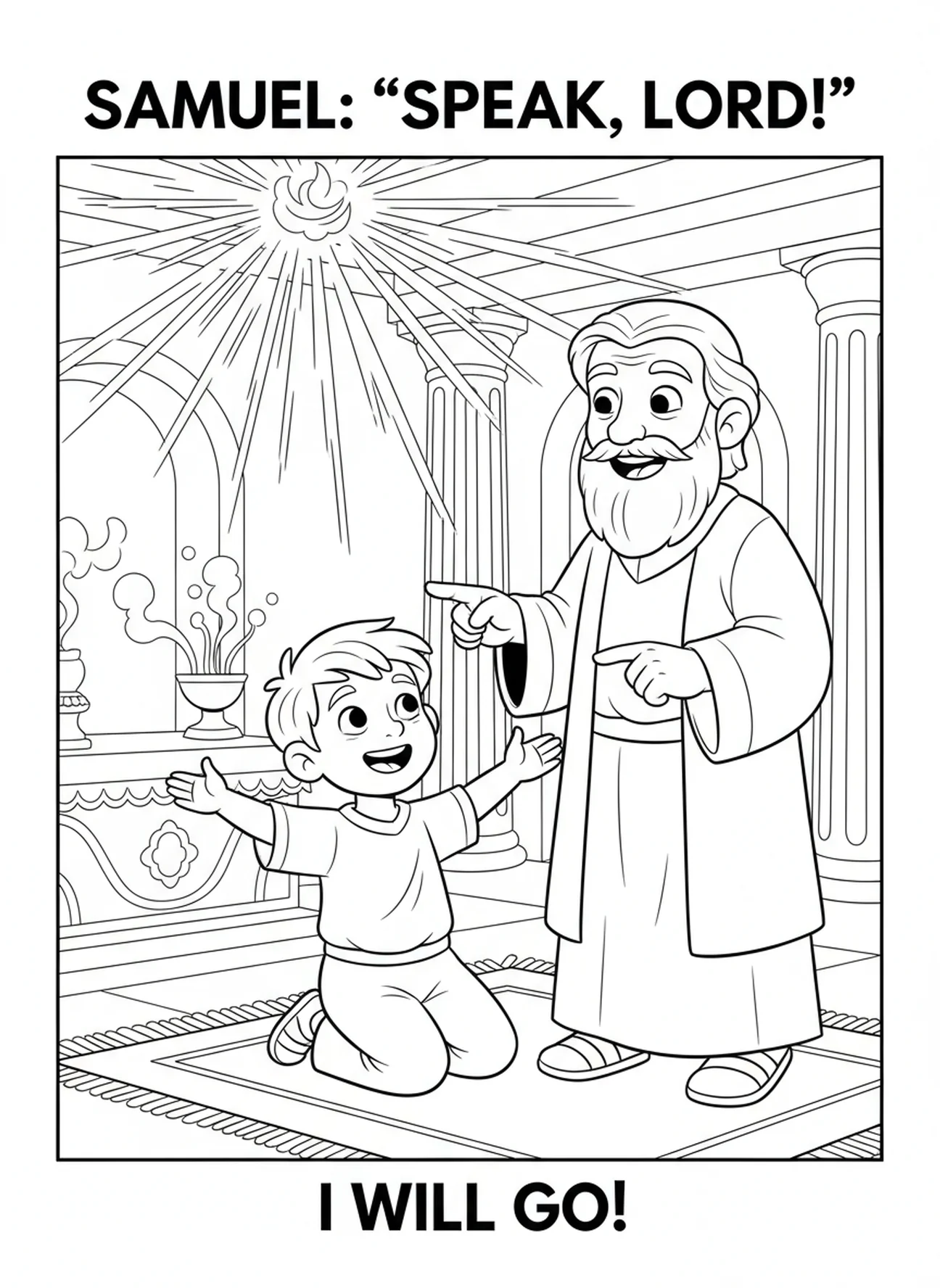Samuel aceptando su llamado con alegría, página para colorear de Samuel como niño en el Templo para niños de 5 a 10 años