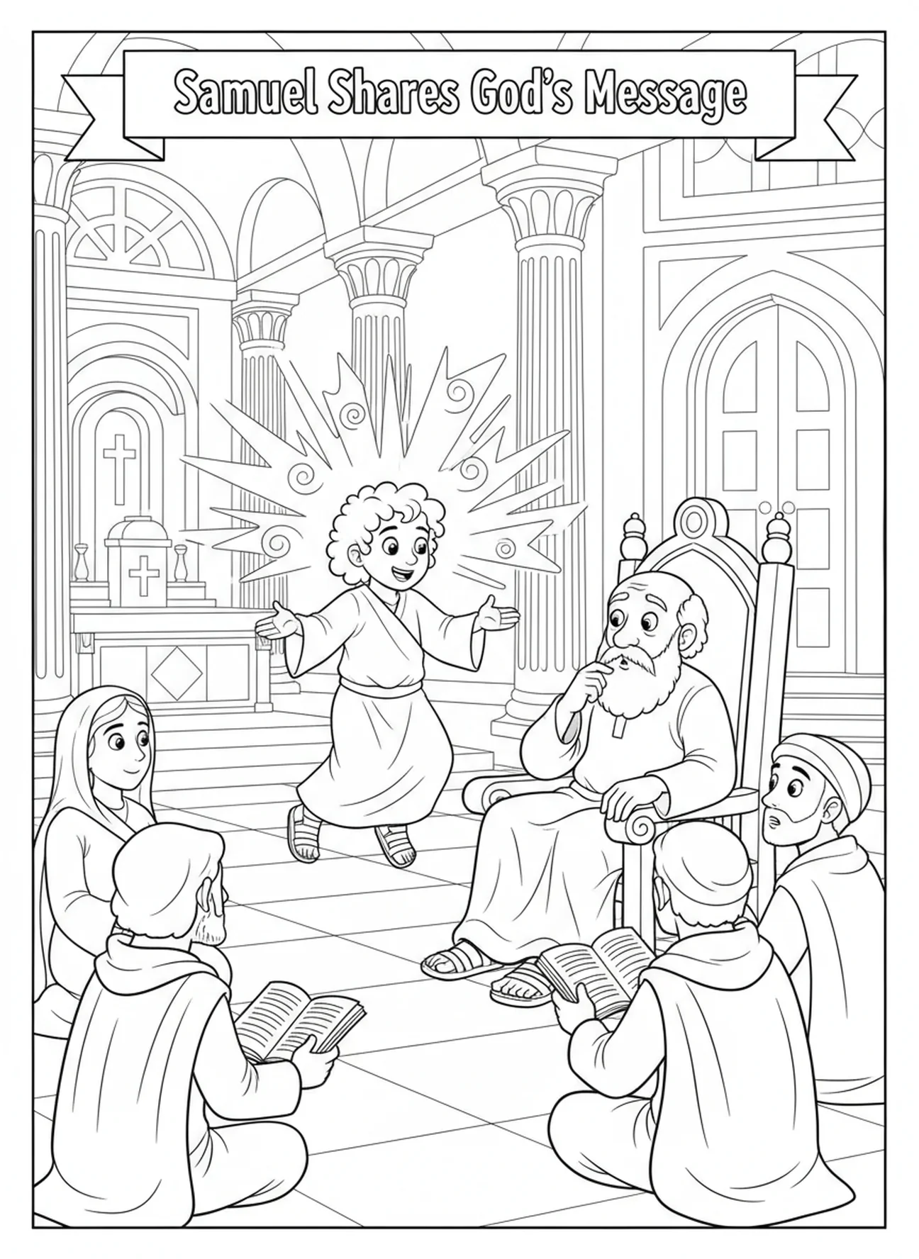 Samuel compartiendo el mensaje de Dios, página para colorear de Samuel niño en el templo para niños de 5 a 10 años