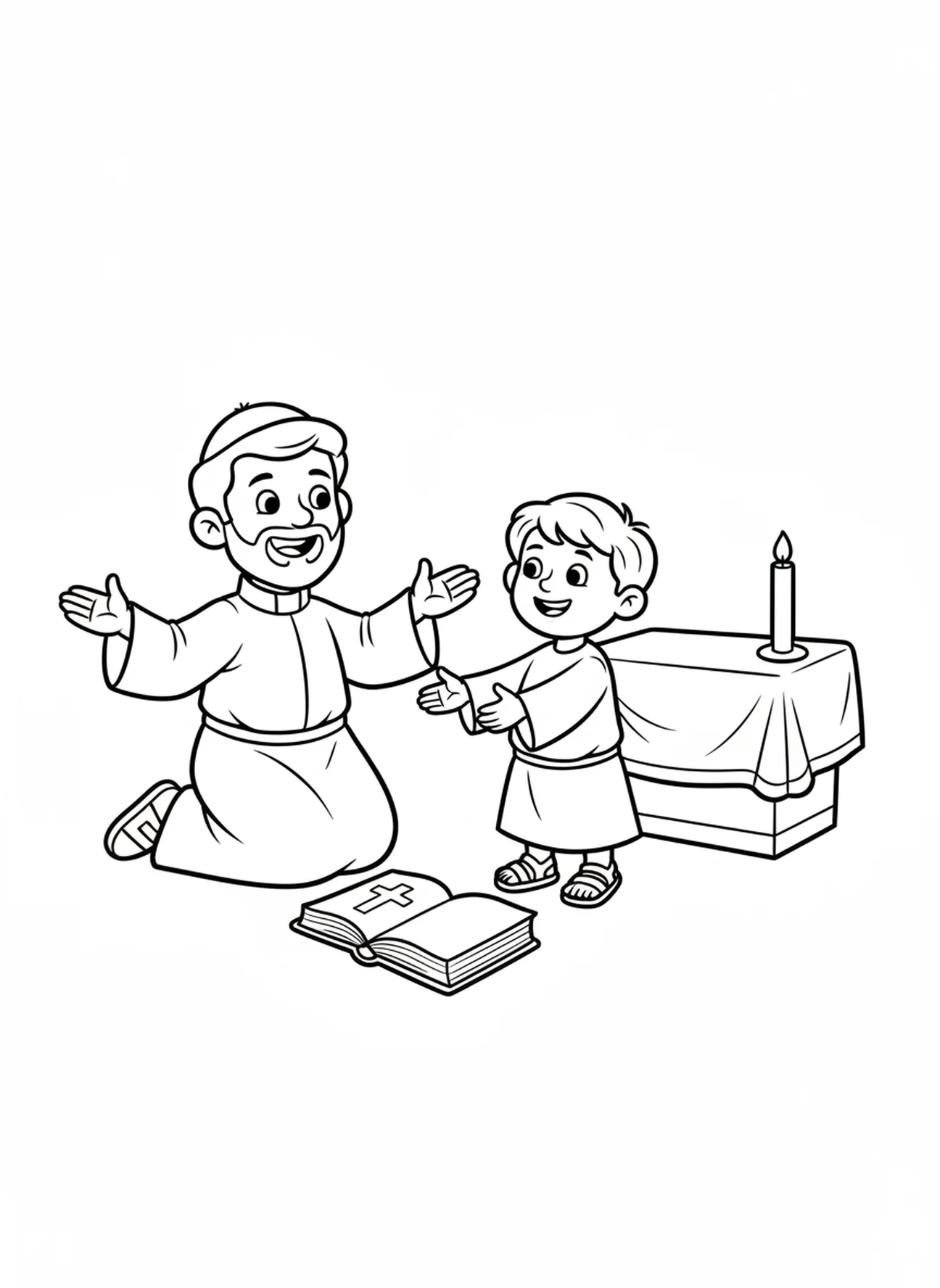Sacerdote amigable arrodillado, página para colorear de Samuel como niño en el Templo para niños de 3 a 5 años.