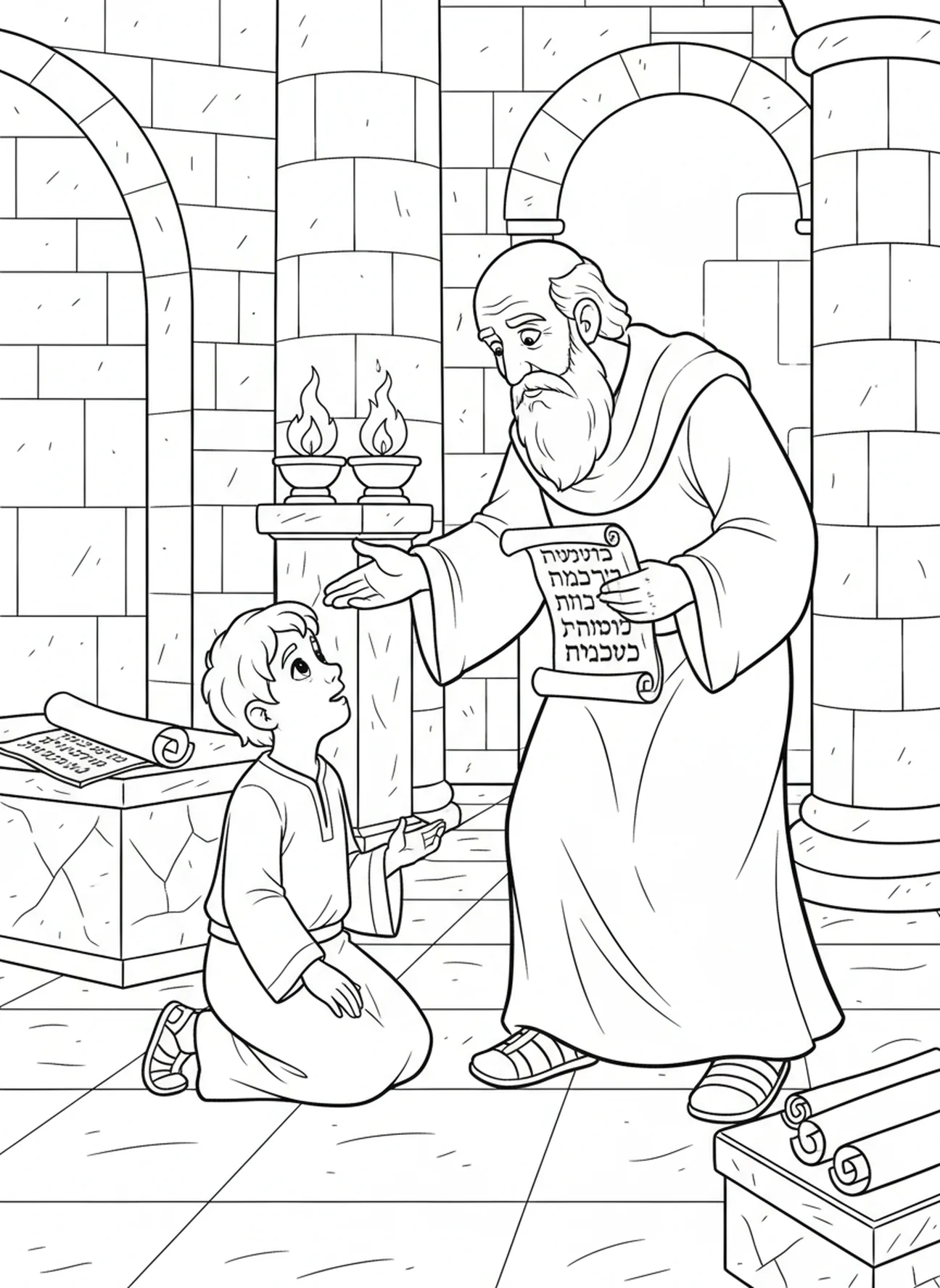Eli ensinando Samuel, página para colorir Samuel Criança no Templo para crianças da Escola Dominical de 5 a 12 anos.