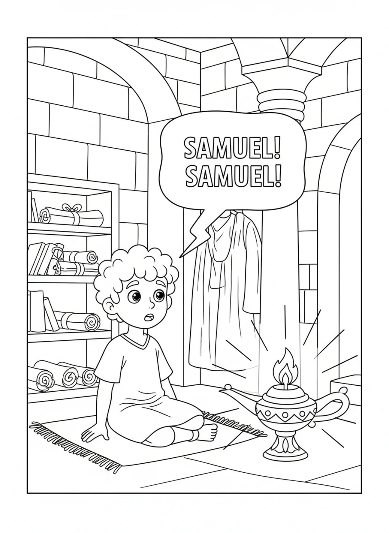 Samuel surpreso com a voz de Deus, página para colorir Samuel Criança no Templo para crianças da Escola Dominical de 5 a 12 anos.