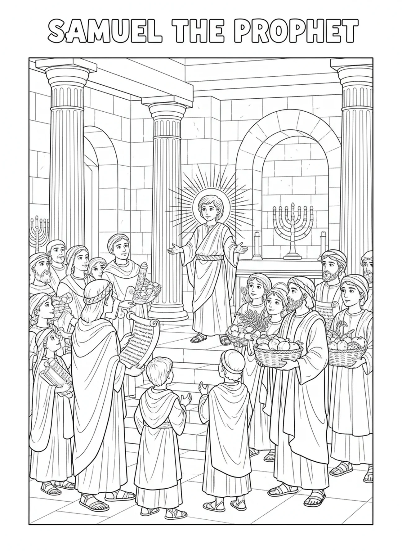 Samuel reconhecido como profeta, página de colorir Samuel Criança Templo para crianças da Escola Dominical de 5 a 12 anos.