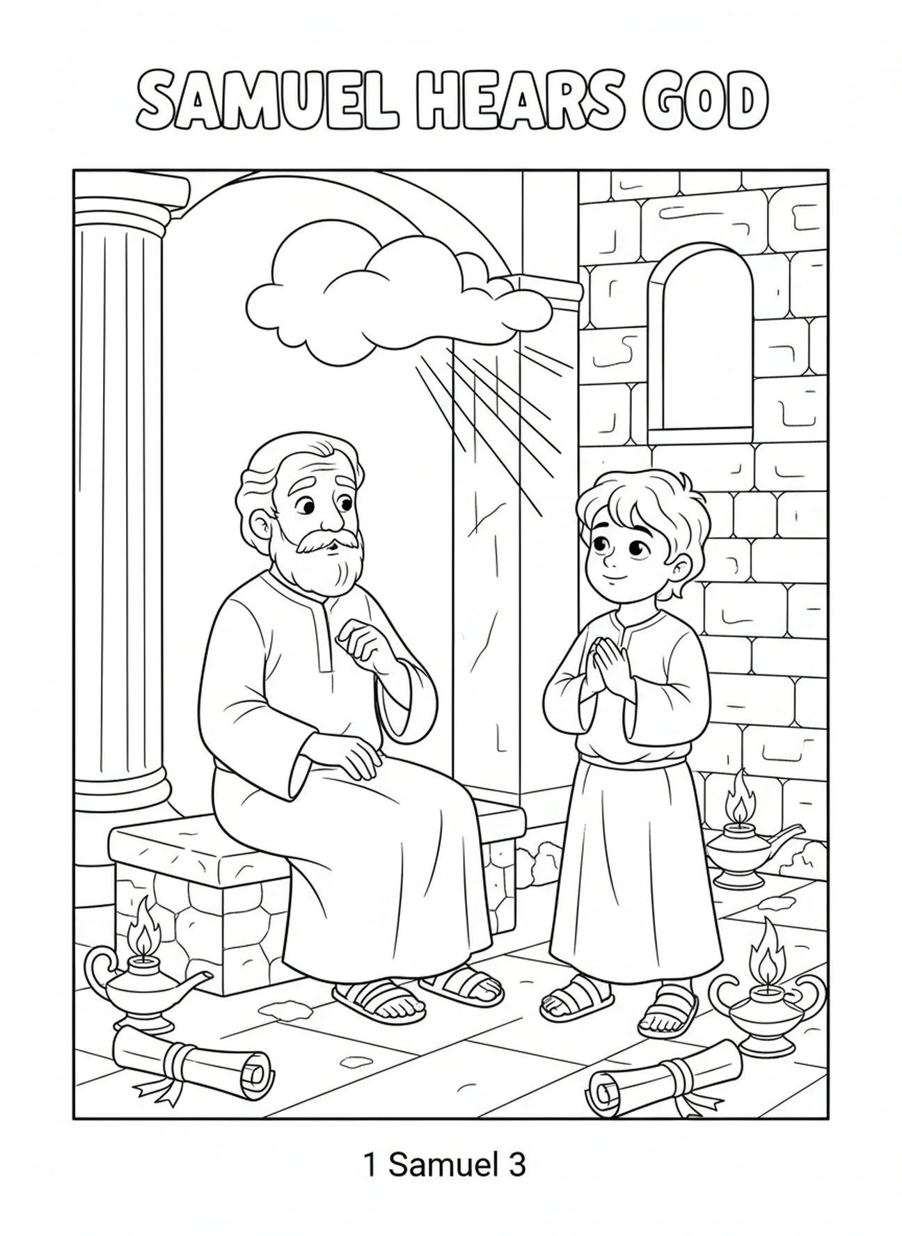 Samuel recebendo a mensagem de Deus, página para colorir sobre Samuel criança no templo para crianças da Escola Dominical de 5 a 12 anos.