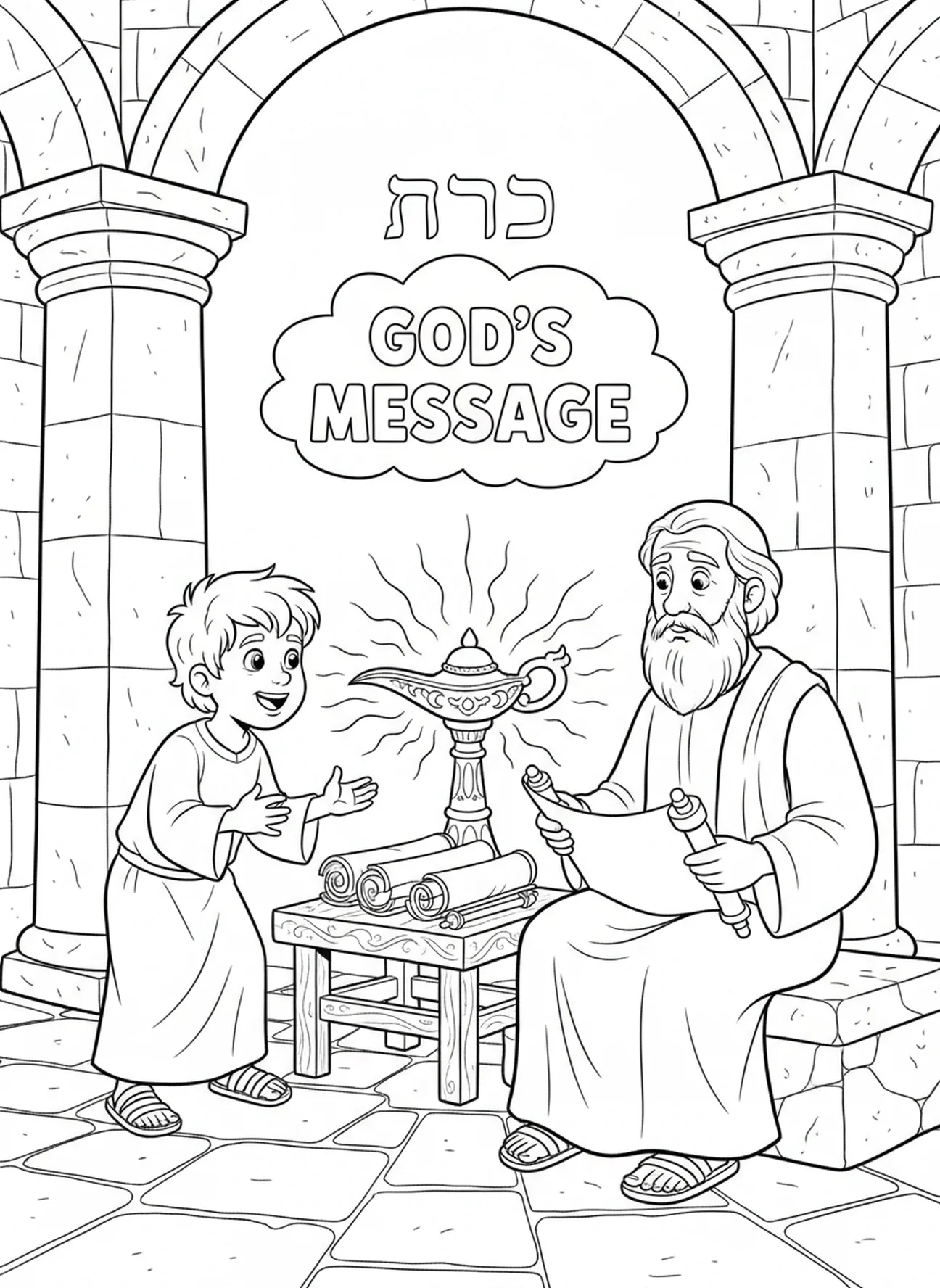 Samuel contando a Eli sobre a mensagem de Deus, página para colorir Samuel Criança no Templo para crianças da Escola Dominical de 5 a 12 anos.