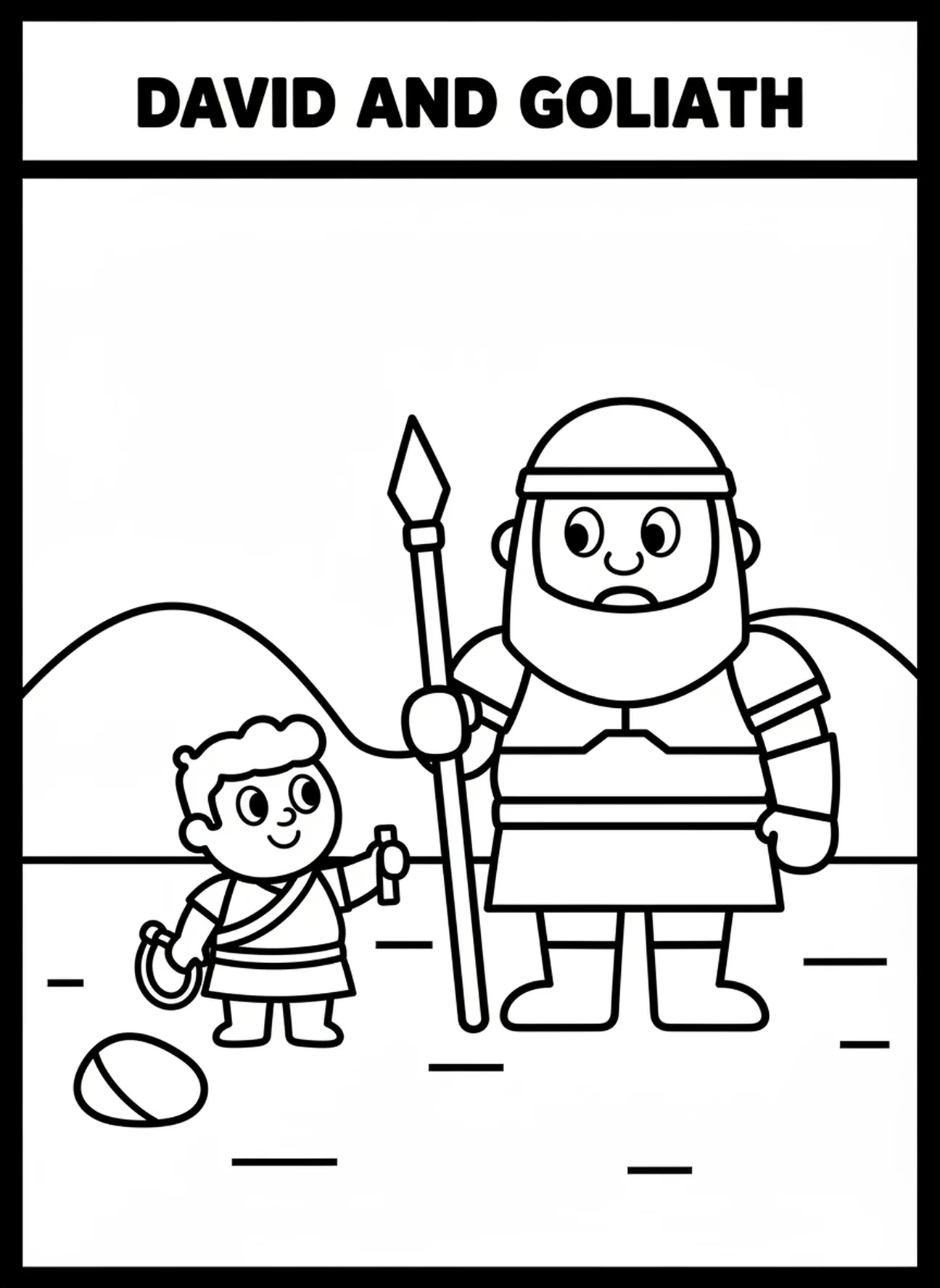Le courageux David et le géant Goliath, page à colorier du Prophète Samuel pour les enfants d'âge préscolaire de 3 à 5 ans