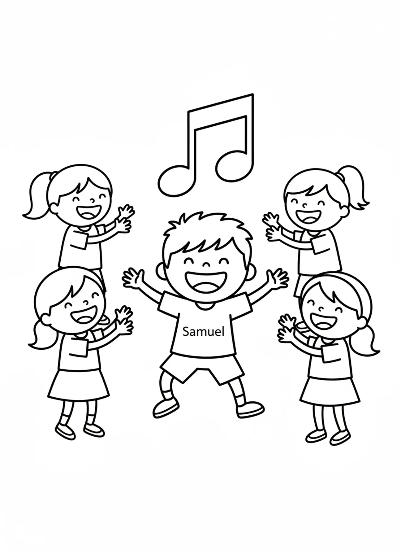 Samuel joyeux avec des enfants, page à colorier du prophète Samuel pour les préscolaires de 3 à 5 ans