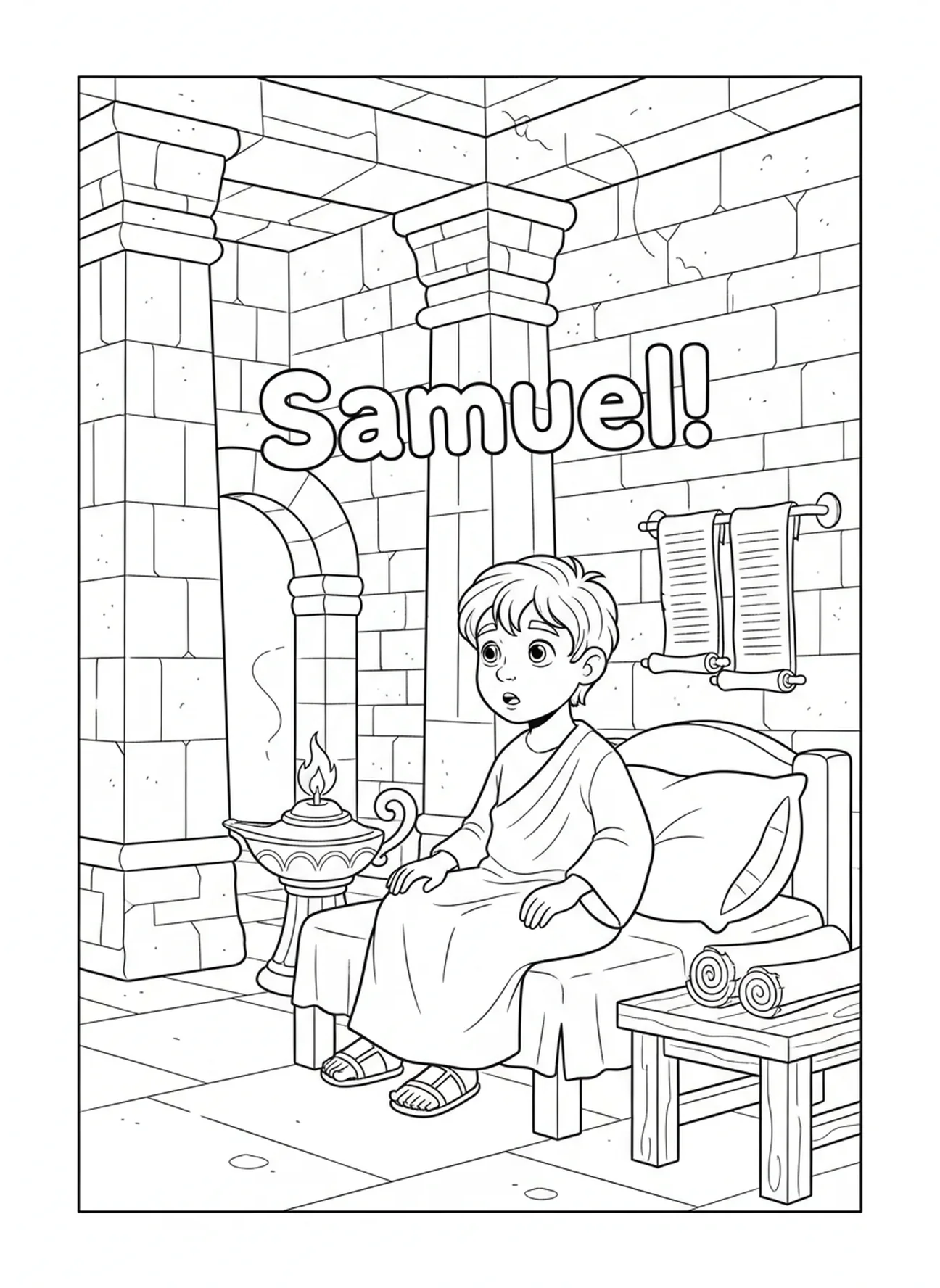 Verbaasde Samuel die luistert, kleurplaat van Samuel de Profeet voor Zondagsschoolkinderen van 5-12 jaar.