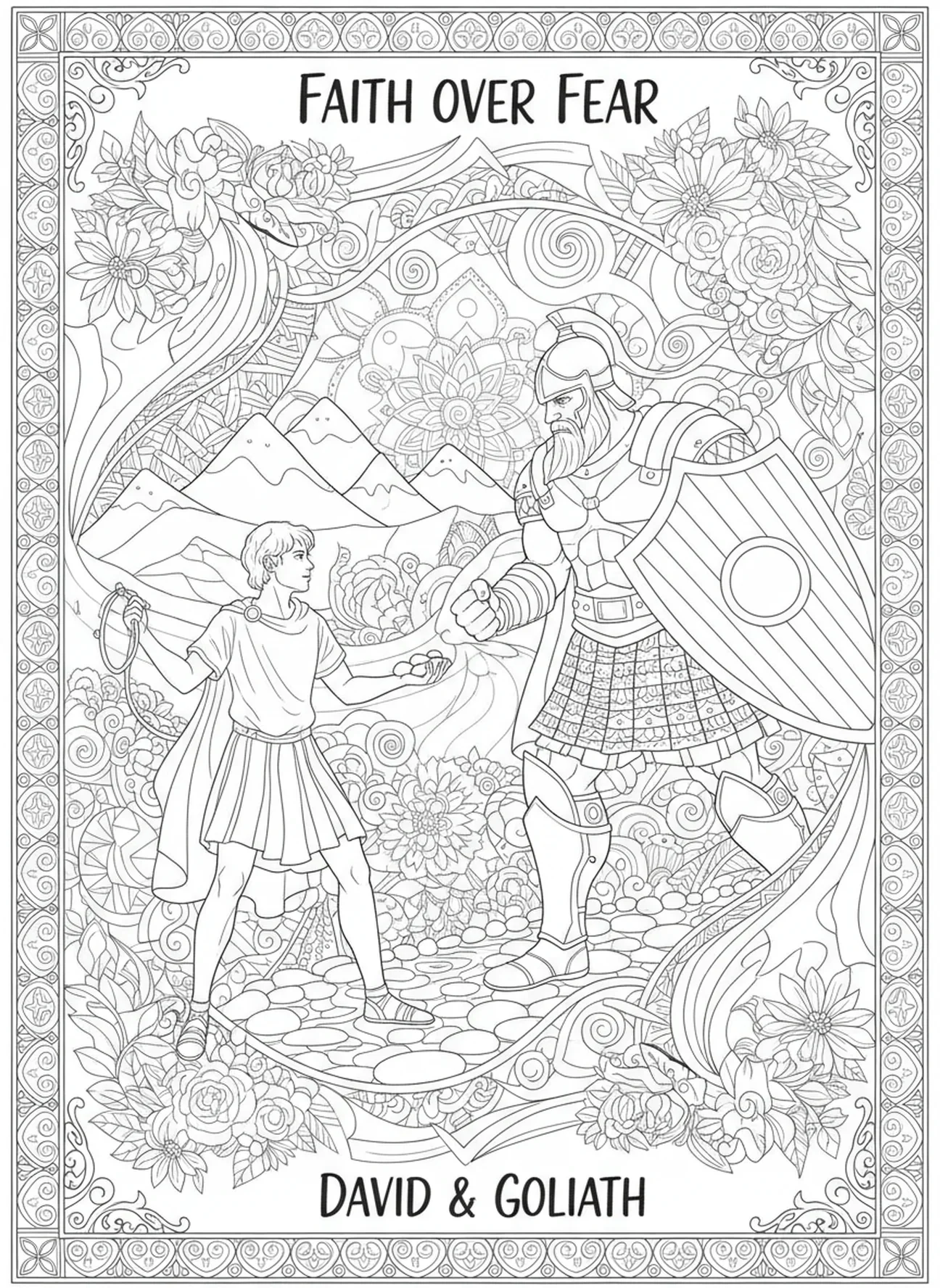 David face à Goliath, page à colorier pour adultes dans le style du journal biblique