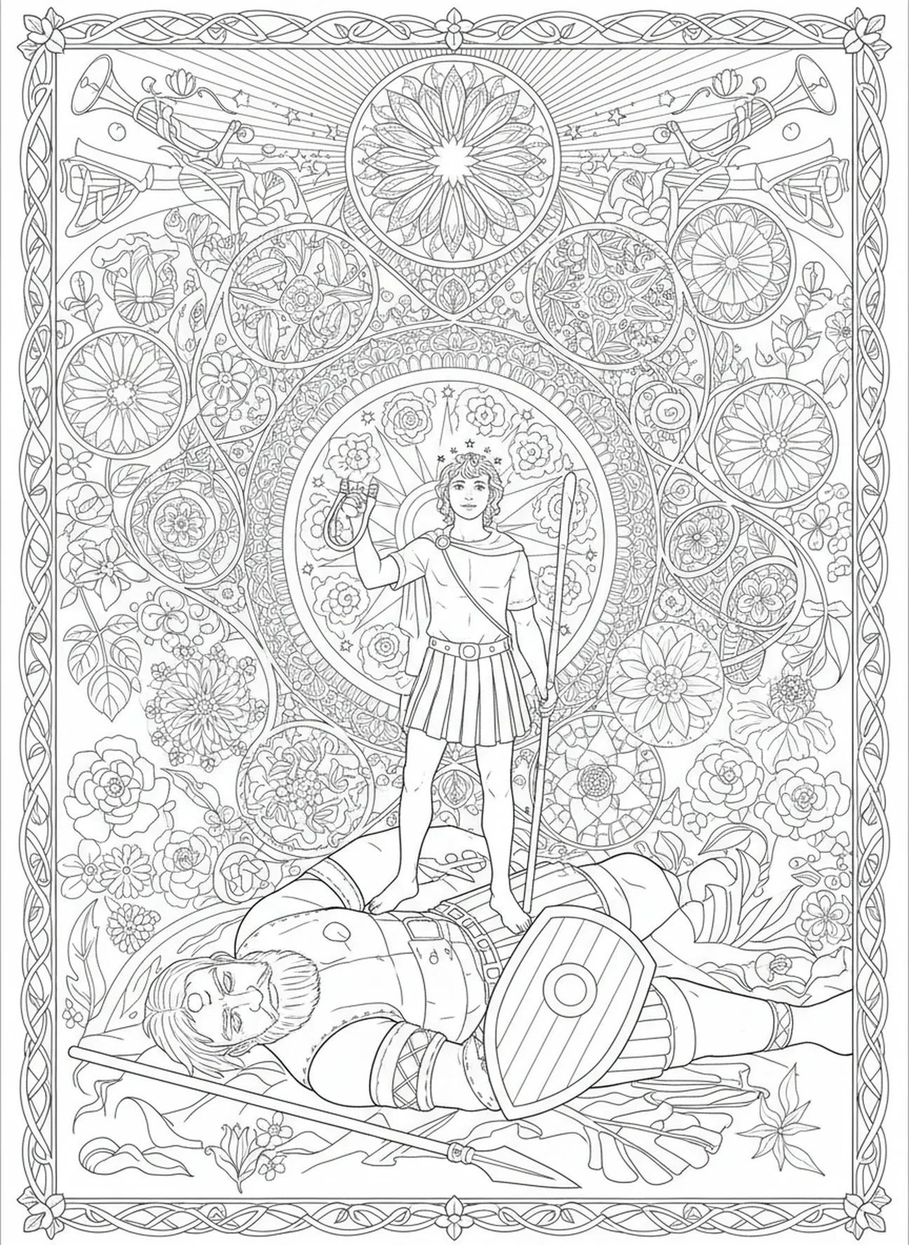 Goliath vaincu, page à colorier Samuel pour adultes dans un style de journal biblique