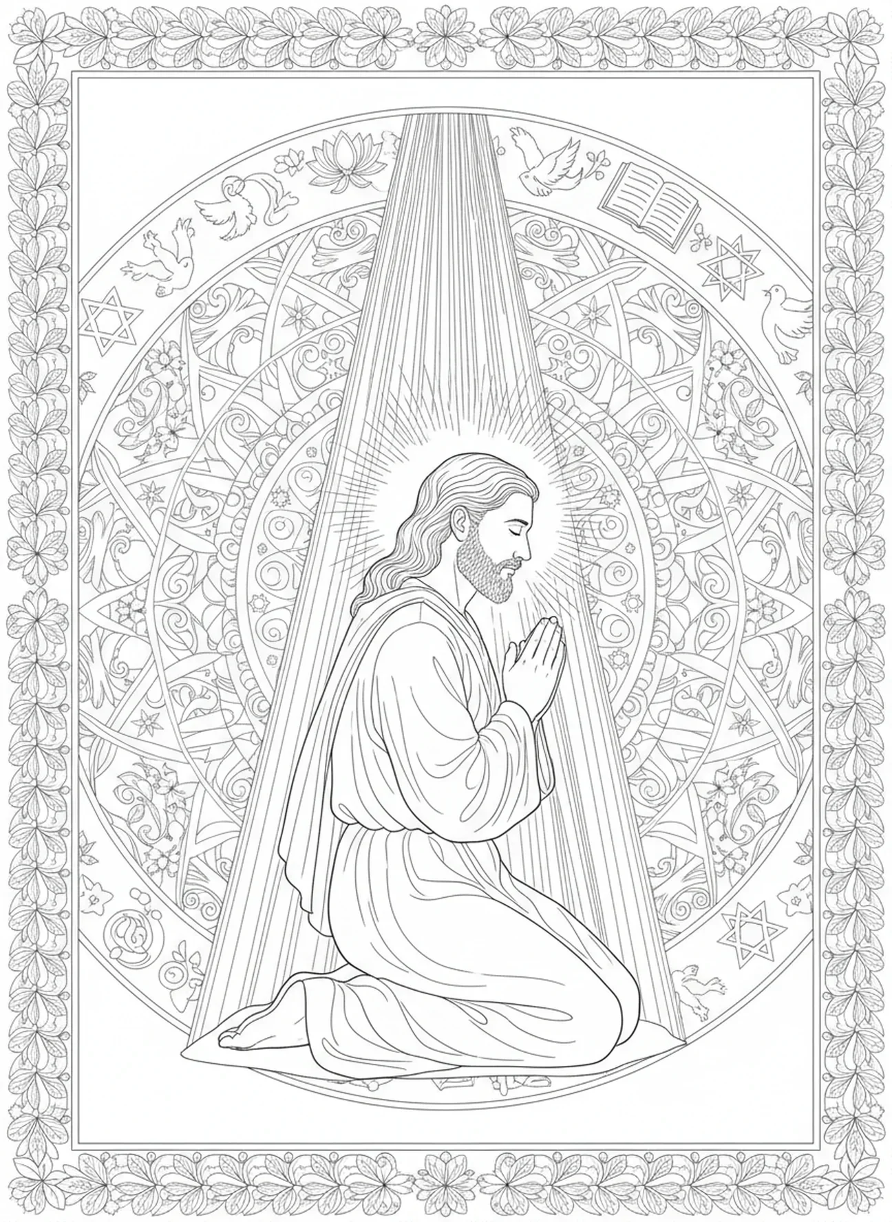 Samuel en prière, page à colorier Samuel pour adultes dans un style de journal biblique