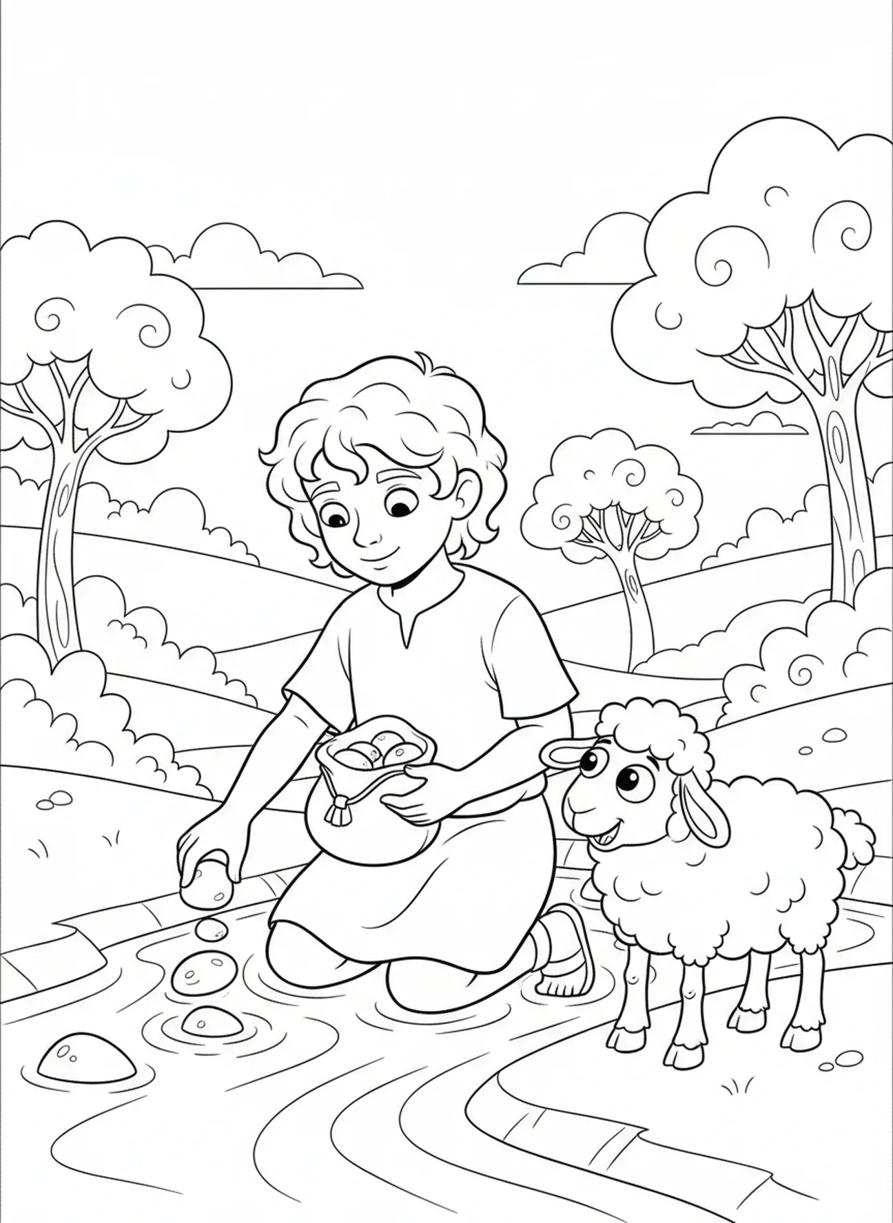 Davi coletando pedras, página para colorir sobre Davi e Golias para crianças de 5 a 10 anos.