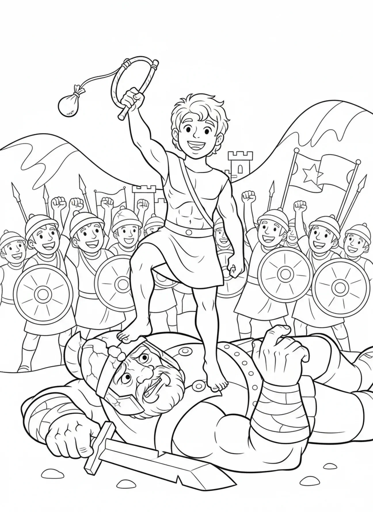 Davi em pé sobre Golias, página para colorir Davi e Golias para crianças de 5 a 10 anos.