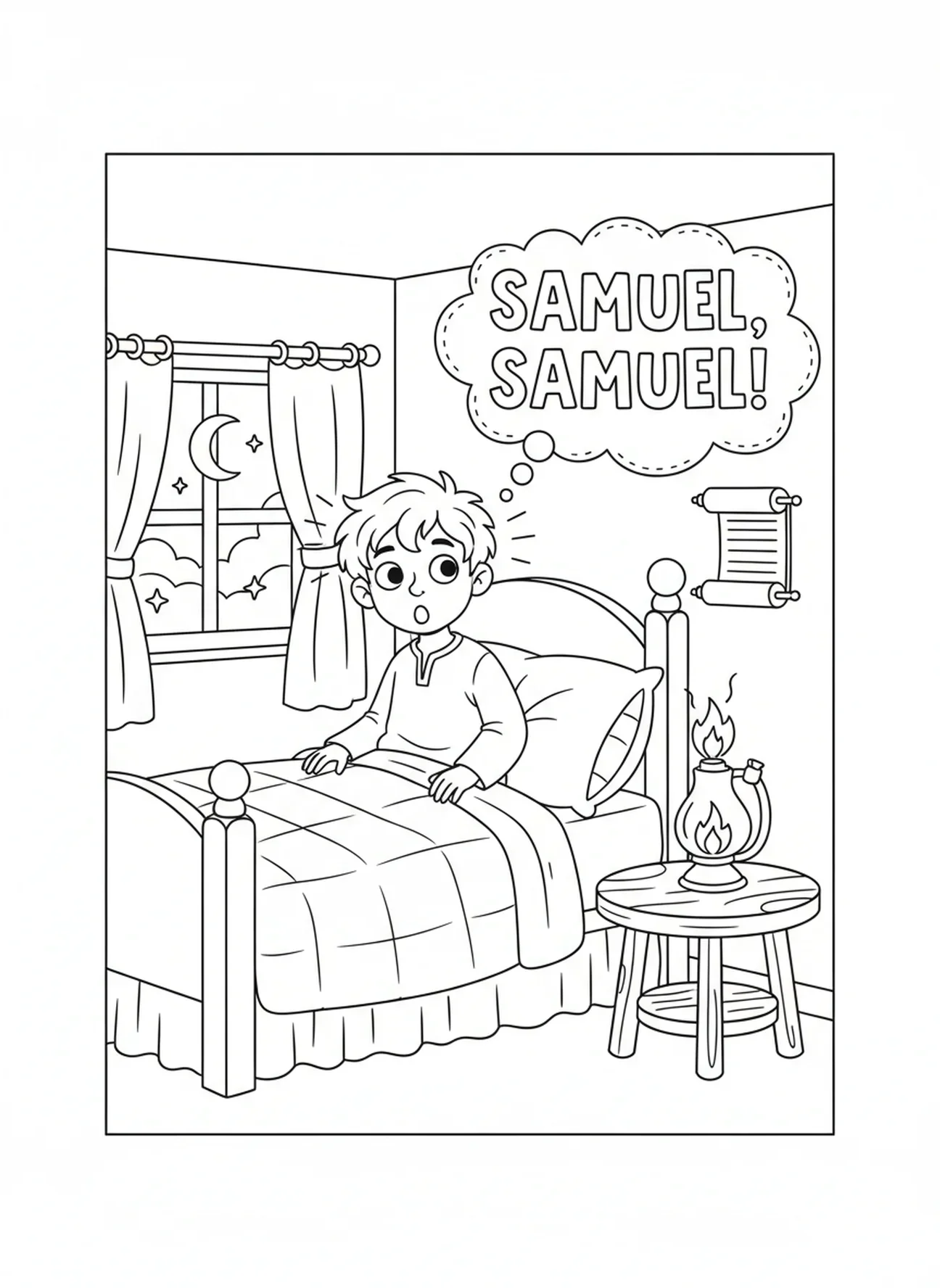 Jovem Samuel ouvindo Deus, página de colorir do Samuel para crianças de 5 a 10 anos.