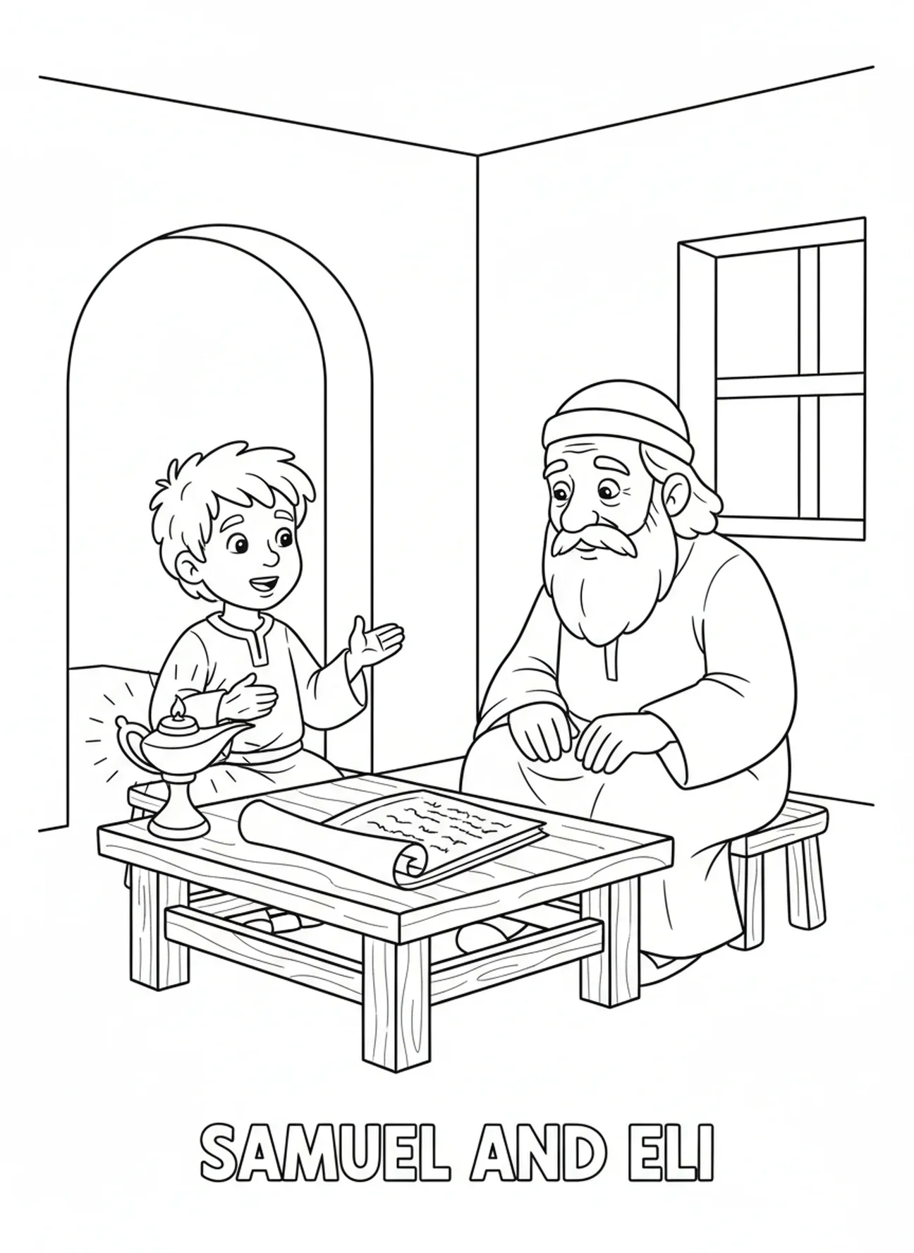 Samuel conversando com Eli, página de colorir do Samuel para crianças de 5 a 10 anos.