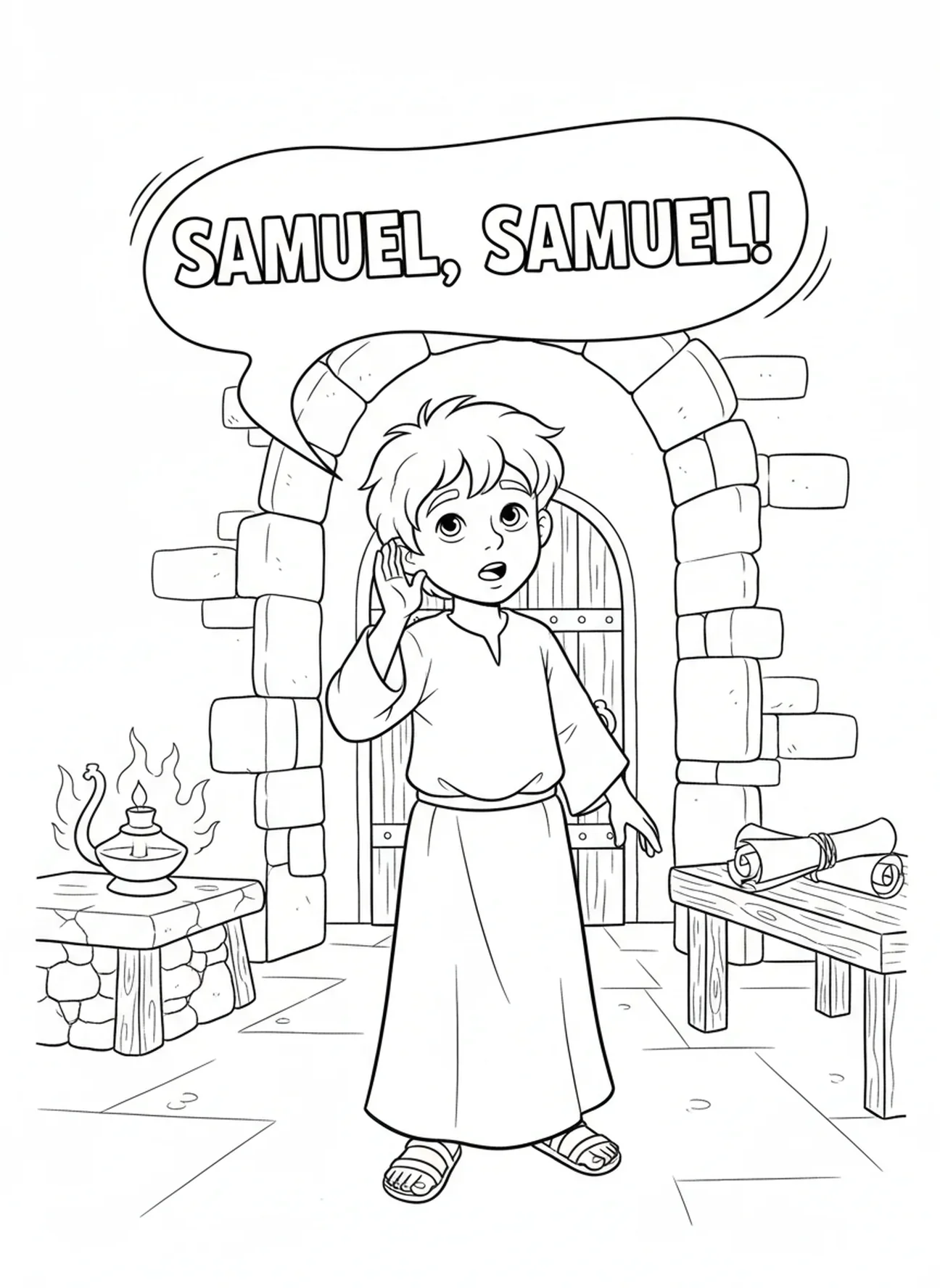 A voz de Deus chamando Samuel, página para colorir sobre Samuel para crianças da Escola Dominical de 5 a 12 anos