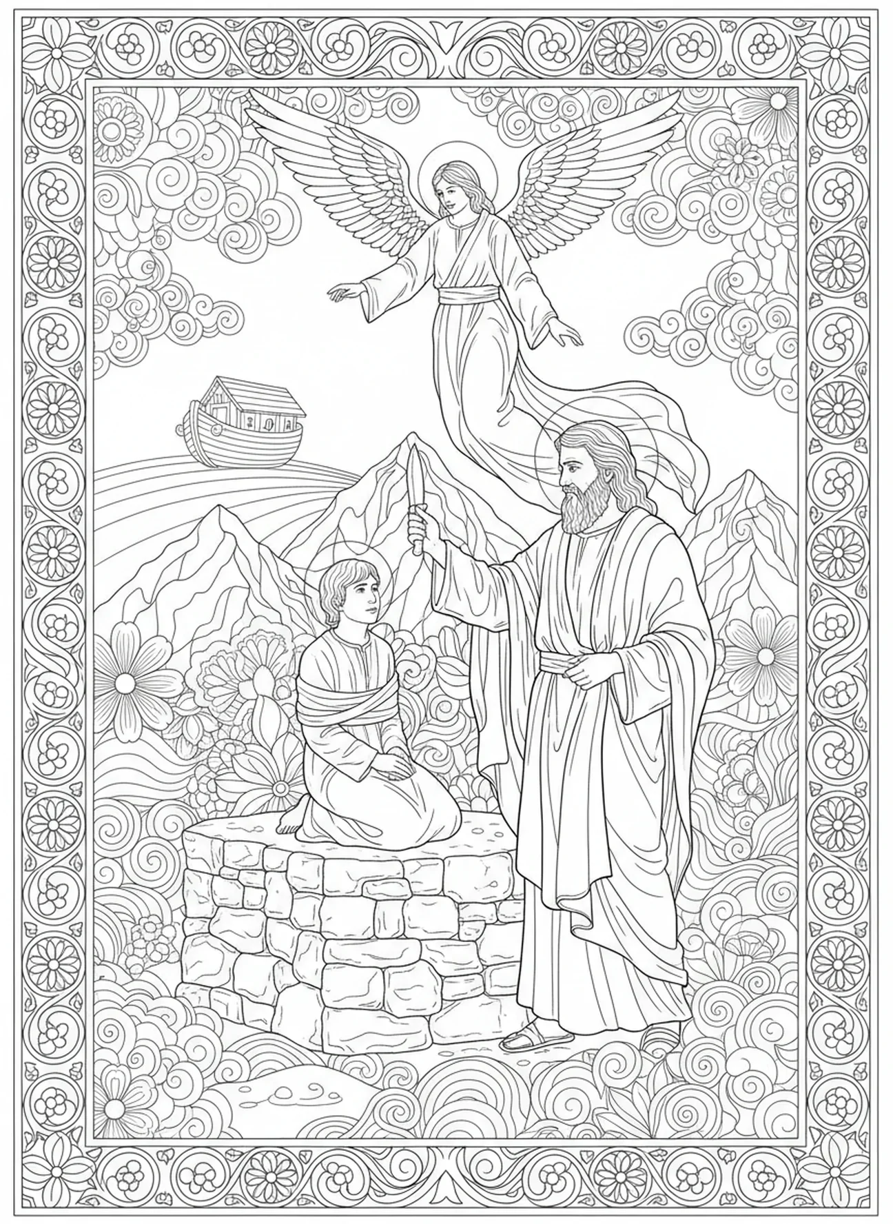 Abraham bereitet sich darauf vor, Isaak zu opfern, Ausmalbild für Erwachsene im Bibel-Journaling-Stil