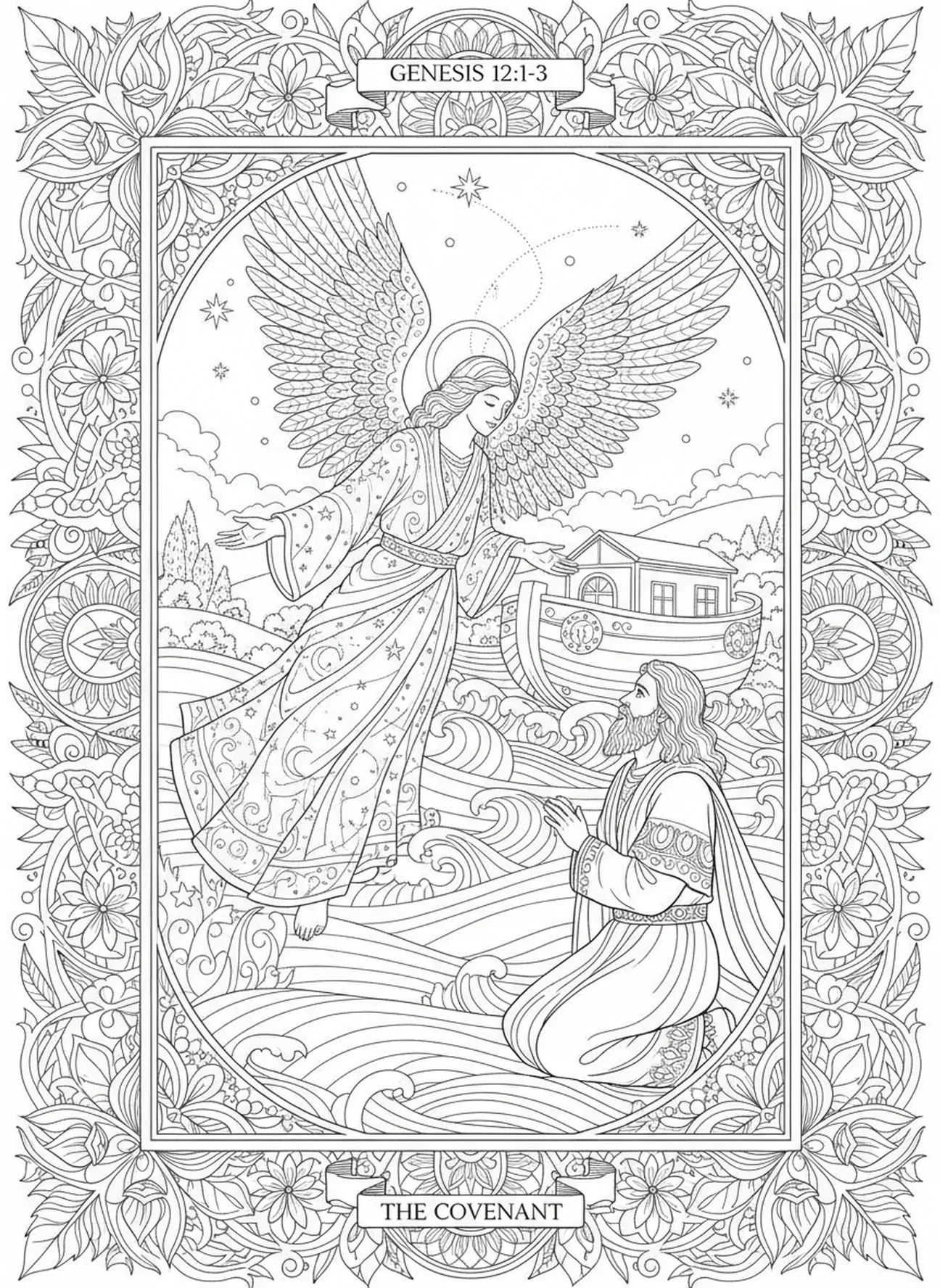 Engel erscheint Abraham, Sarah und Isaac Ausmalbild für Erwachsene im Stil des Bibeljournaling