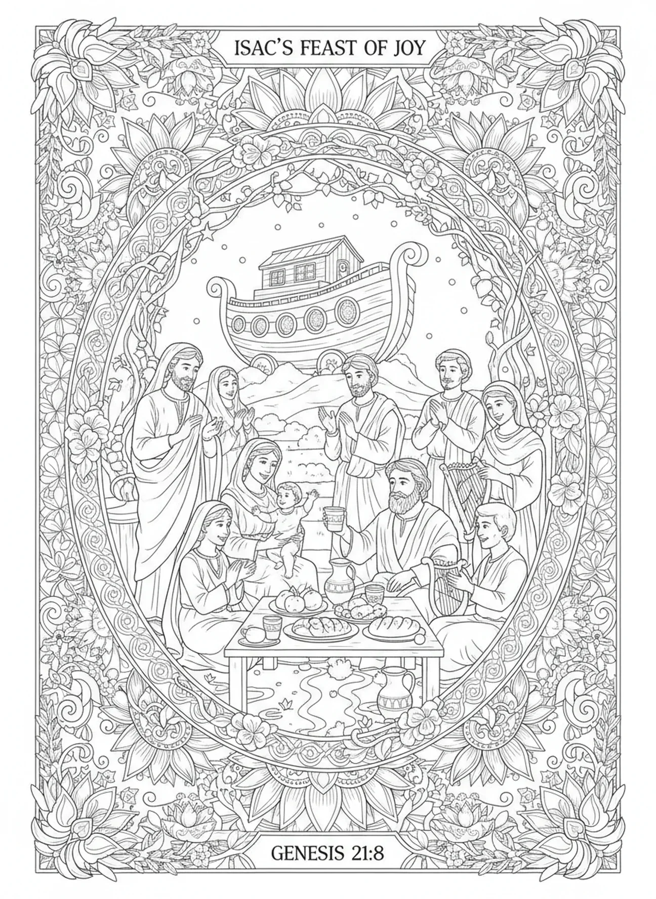 Festmahl für Isaak, Ausmalbild für Erwachsene im Bibel-Journaling-Stil