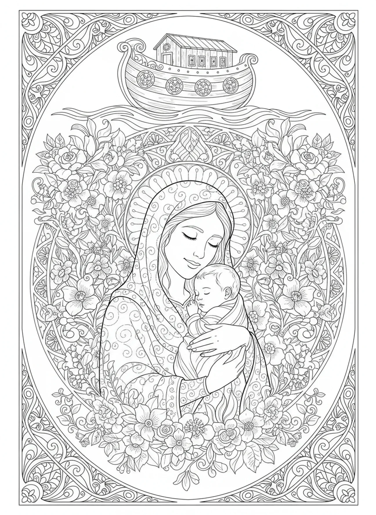 Sarah umarmt das Kleinkind Isaak, Ausmalbild von Sarah und Isaak für Erwachsene im Stil des Bibeljournaling