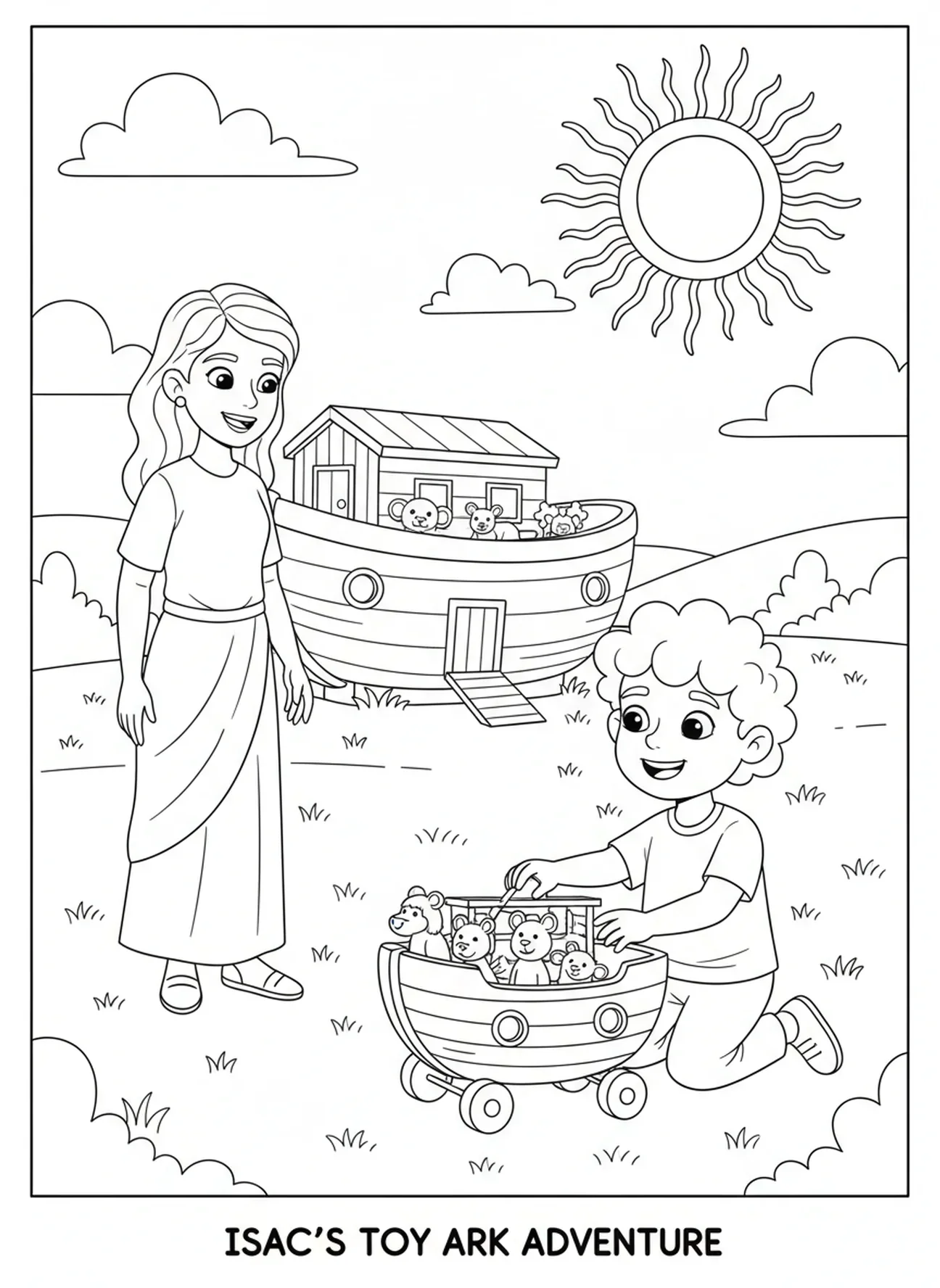 Isaque brincando com brinquedos, página para colorir de Sara e Isaque para crianças de 5 a 10 anos.