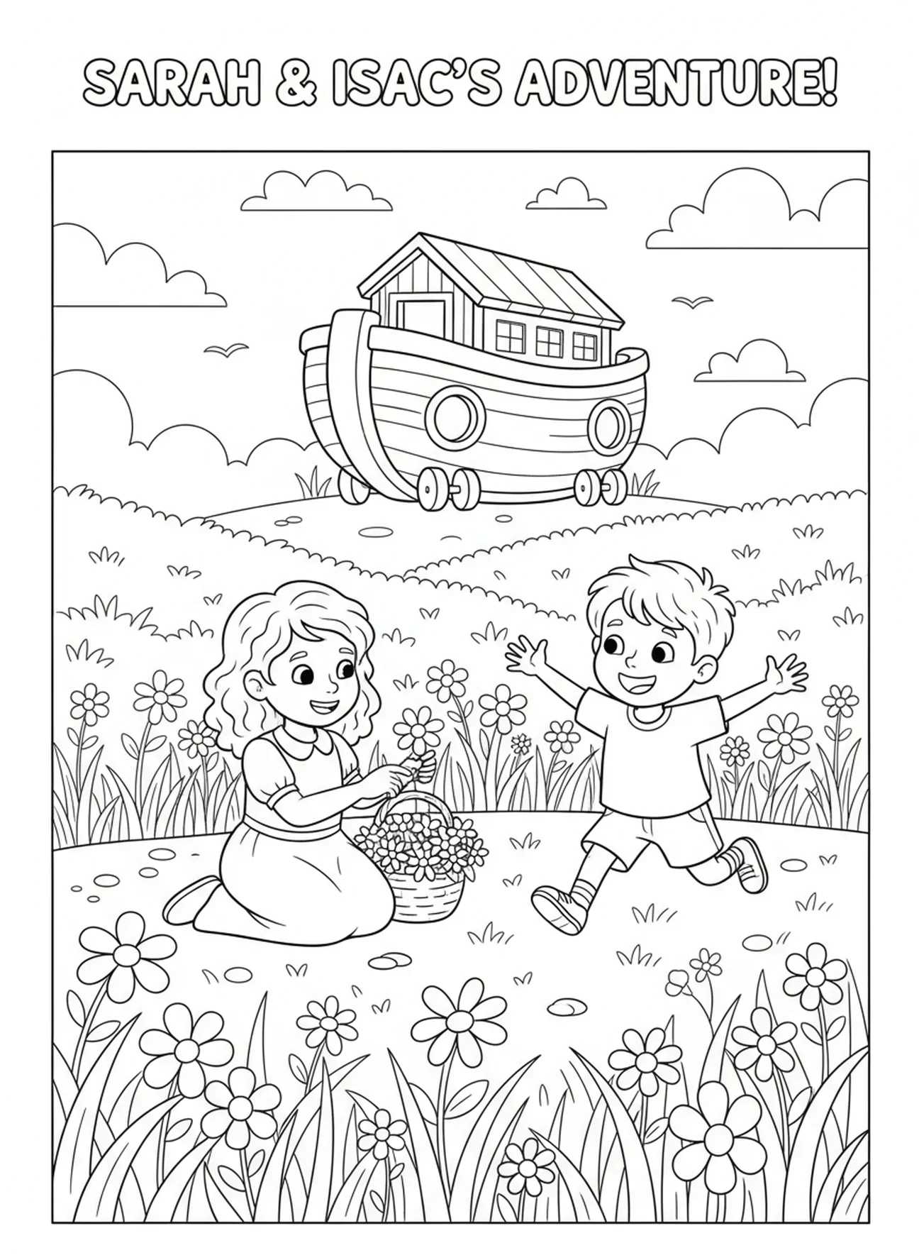 Sara colhendo flores, página para colorir de Sara e Isaque para crianças de 5 a 10 anos.