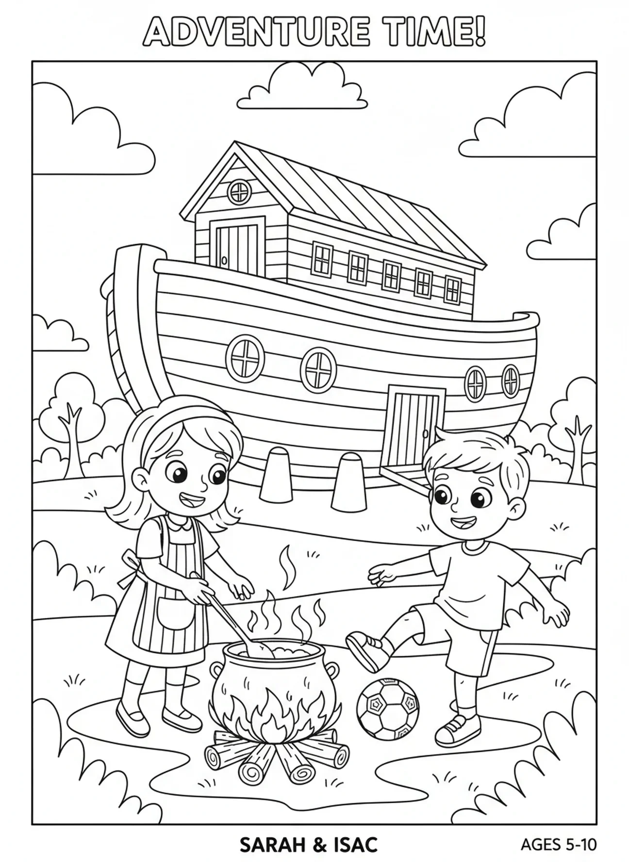Sara cozinhando sobre o fogo, página para colorir de Sara e Isaque para crianças de 5 a 10 anos.